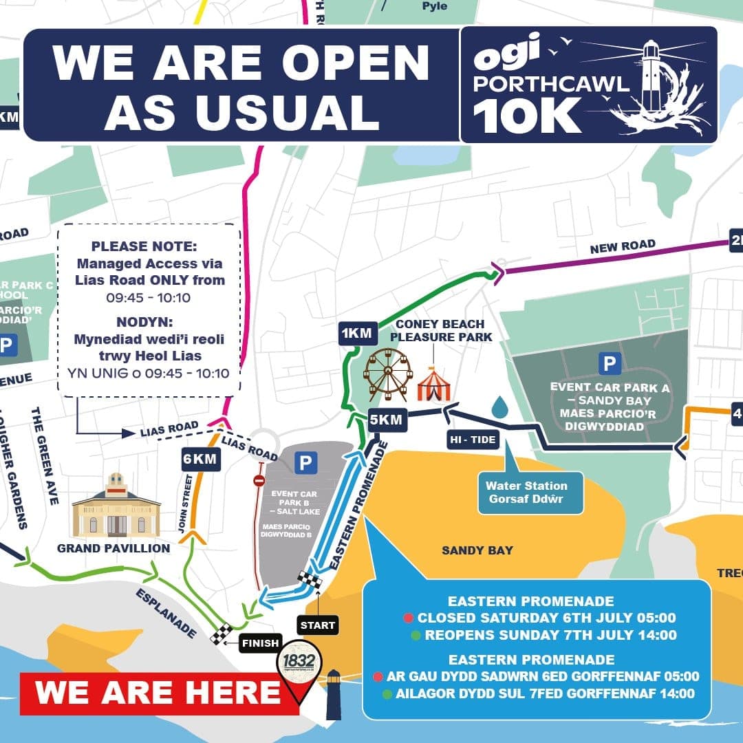 A We Are Open As Usual map for the Porthcawl 10K, showing road closures and the way in to 1832.