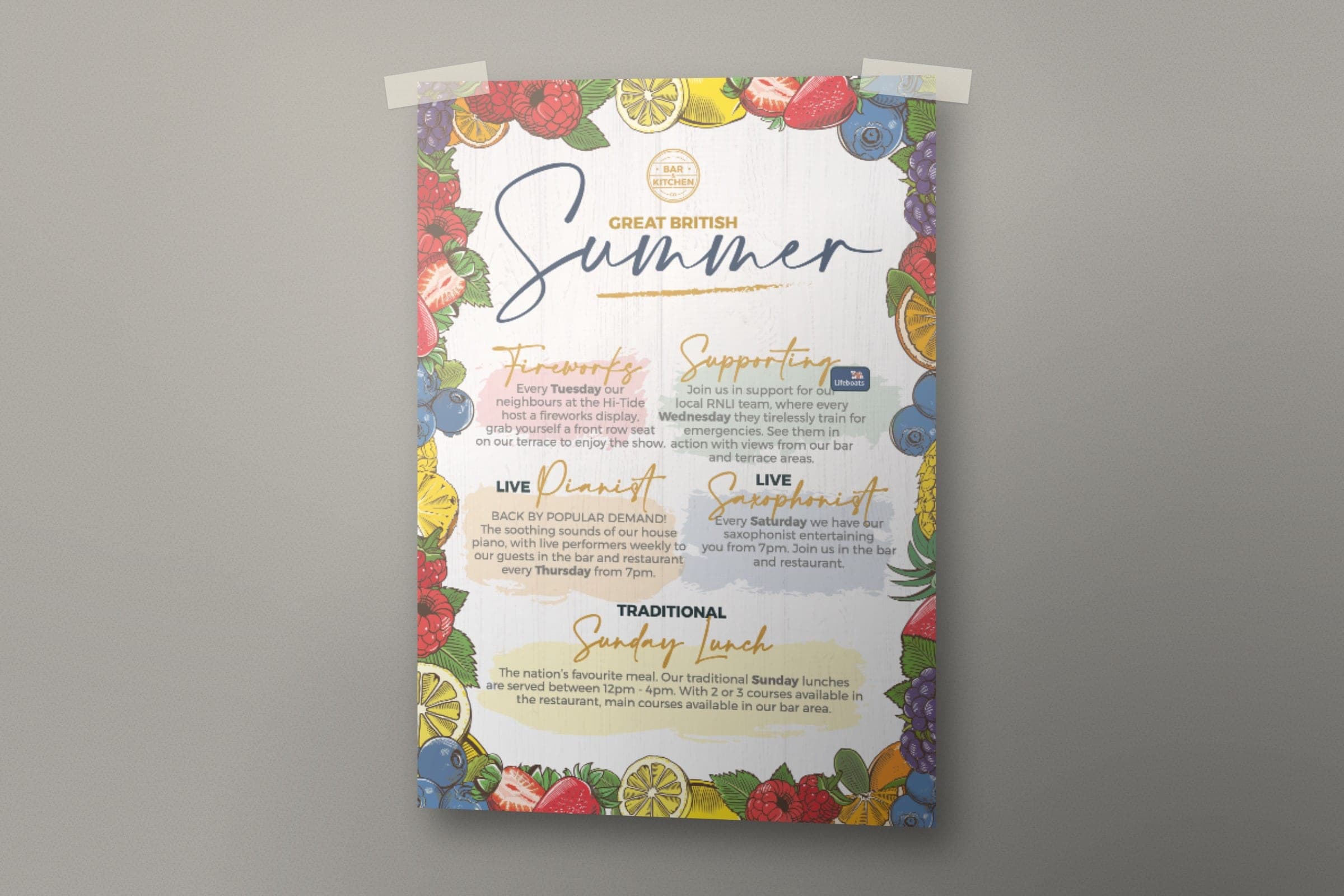 Mockup: the Bar & Kitchen Co. Great British Summer flyer: fireworks, RNLI support, live pianist and saxophonist, Sunday lunch.