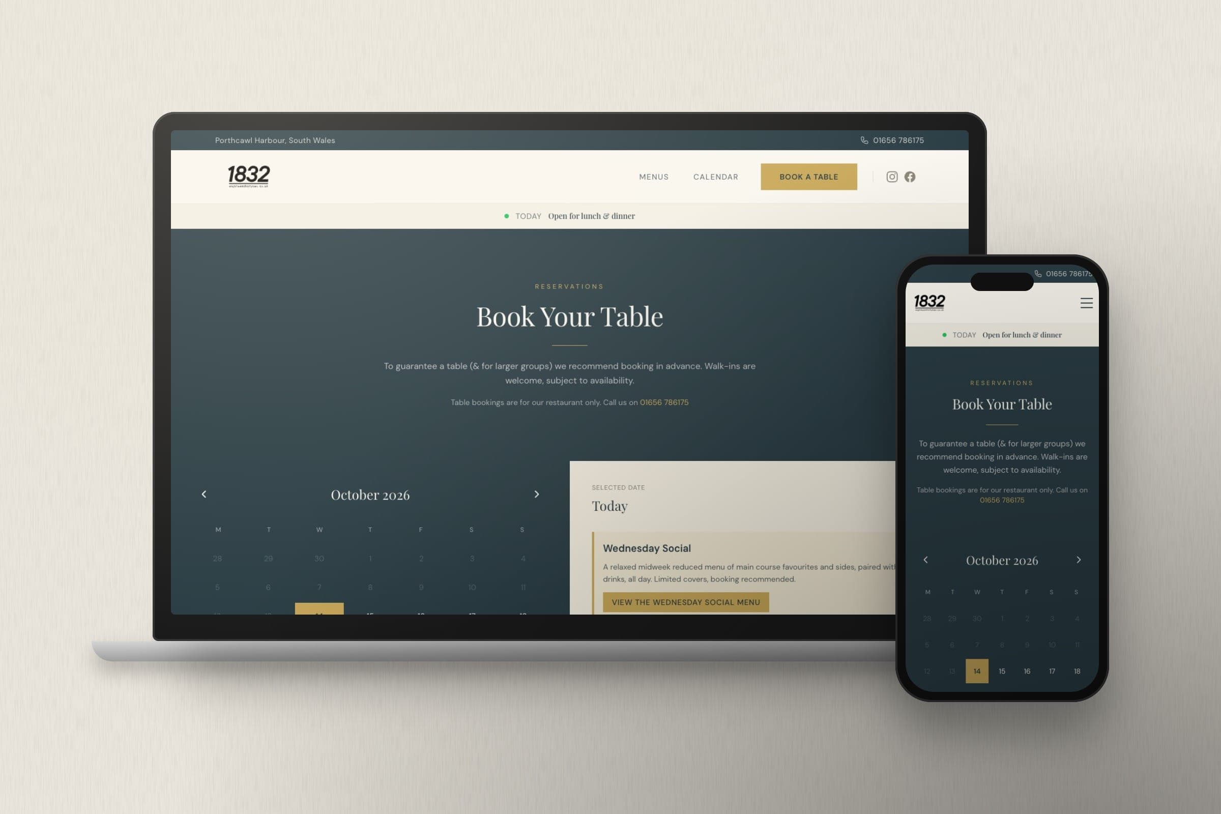 Mockup: the 1832 table booking page, showing what's on for the chosen date, on a laptop and a phone.