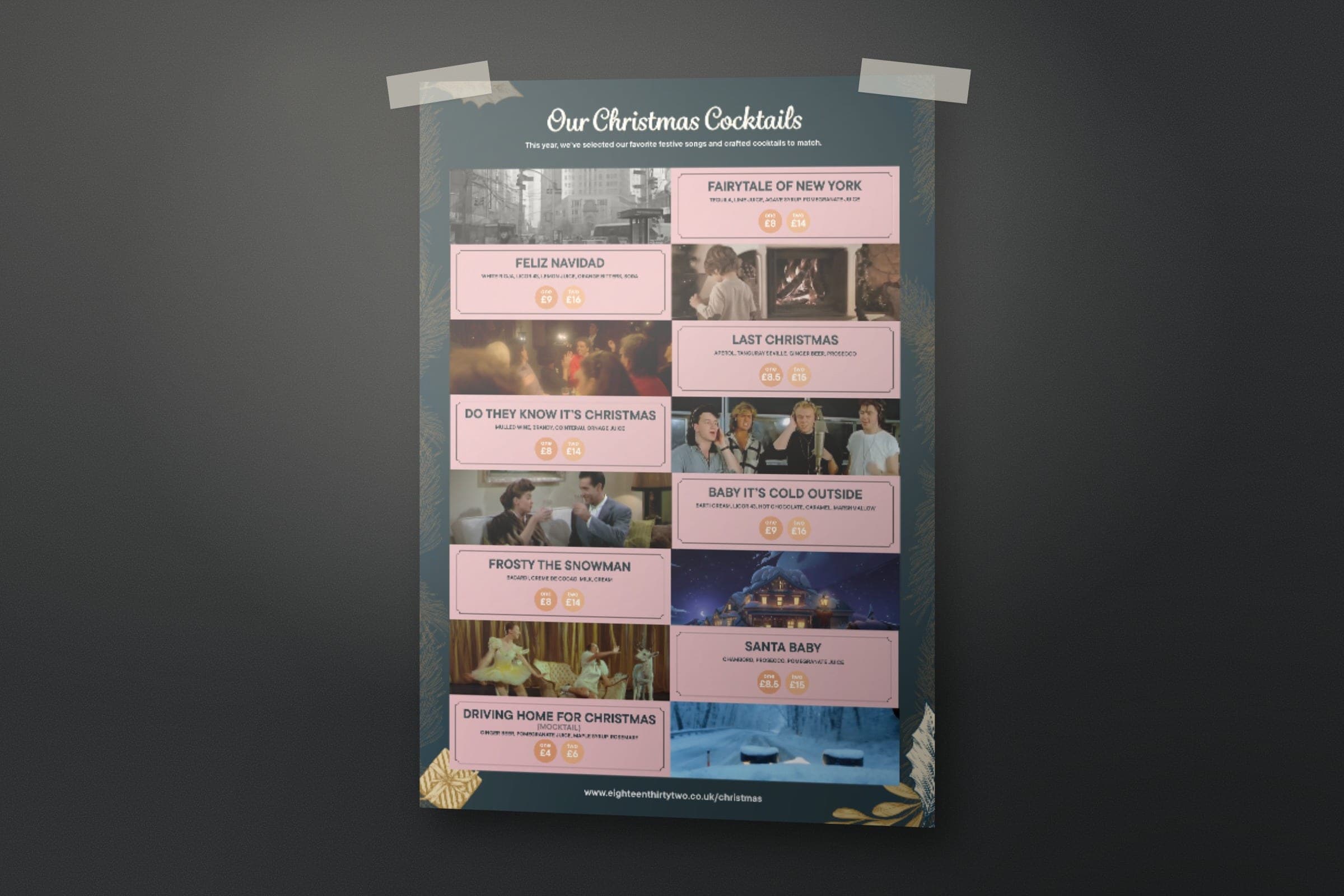 Mockup: the 1832 Christmas cocktails poster, each cocktail named after a festive song or film.