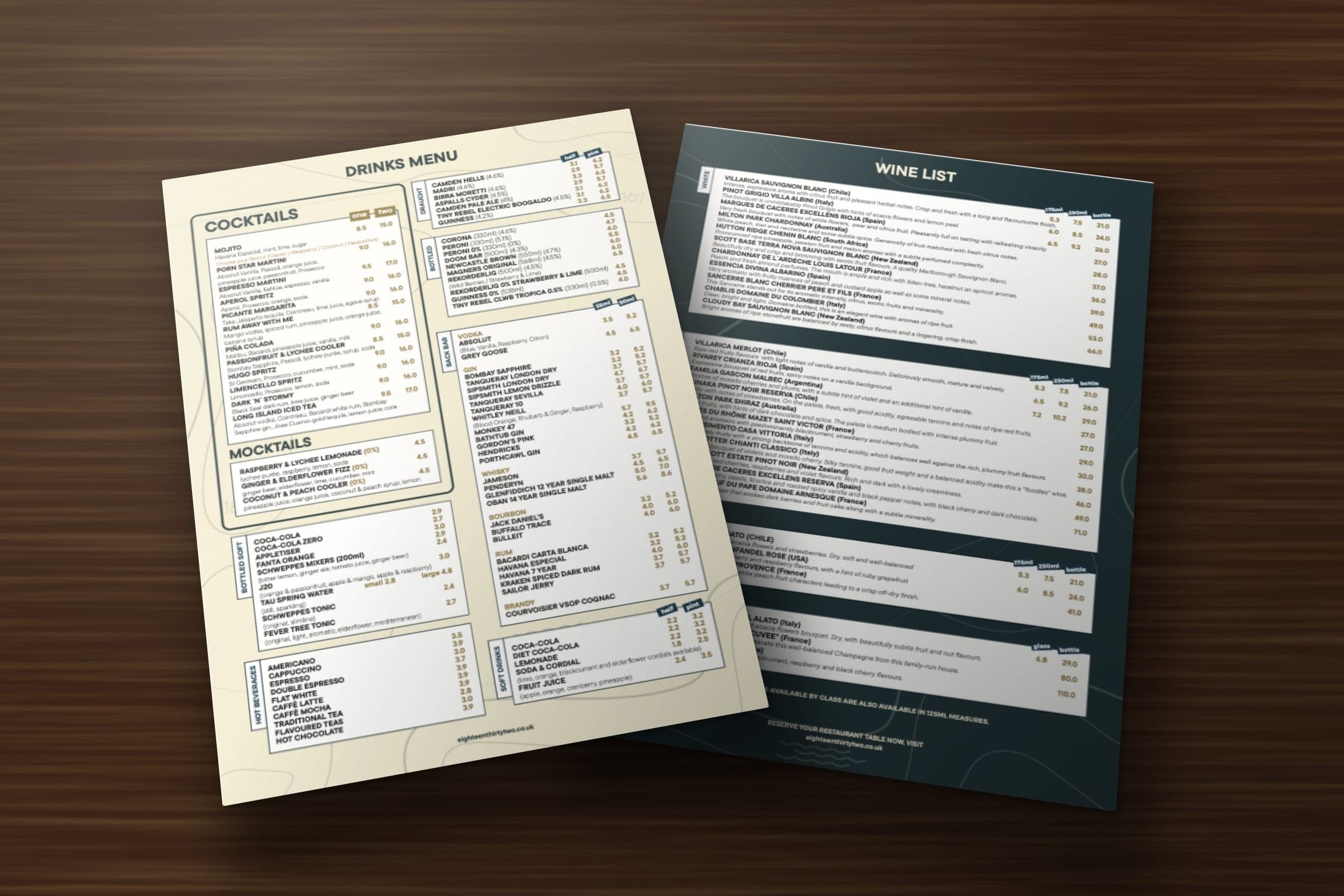 Mockup: the 1832 drinks menu and wine list.