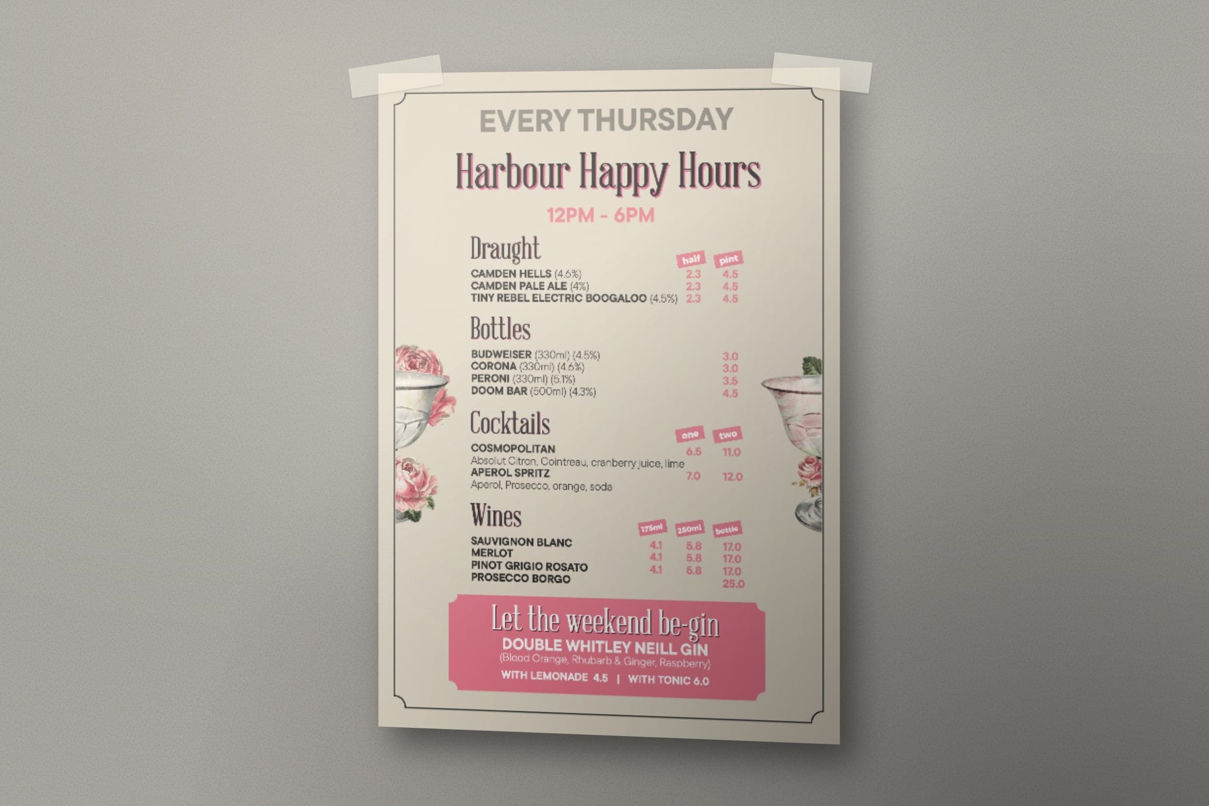 Mockup: the Harbour Happy Hours poster, every Thursday 12pm to 6pm.