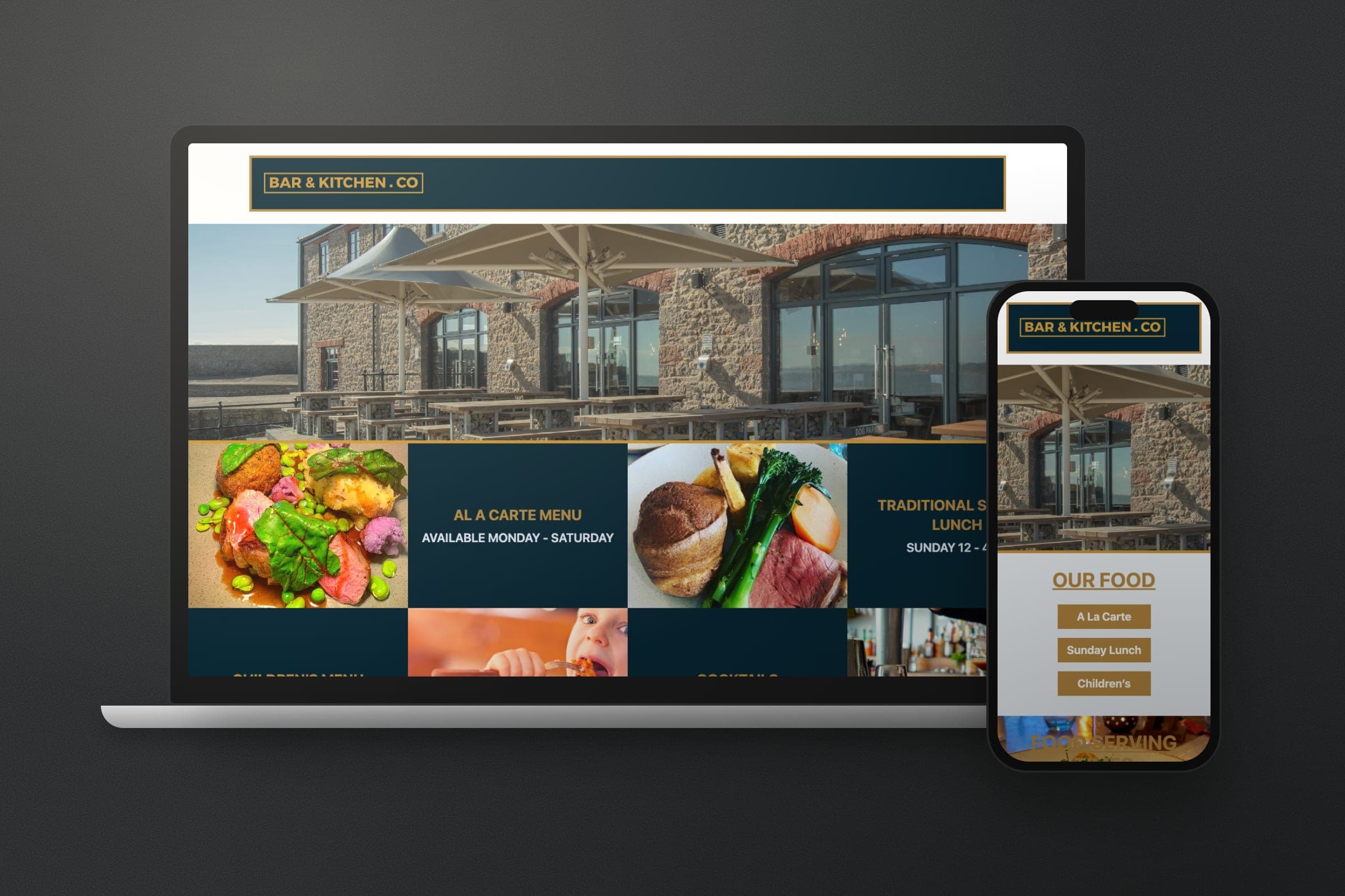 Mockup: the Bar & Kitchen Co. website on a laptop and a phone: the terrace, the menus in a grid of photos and tiles, and table booking.
