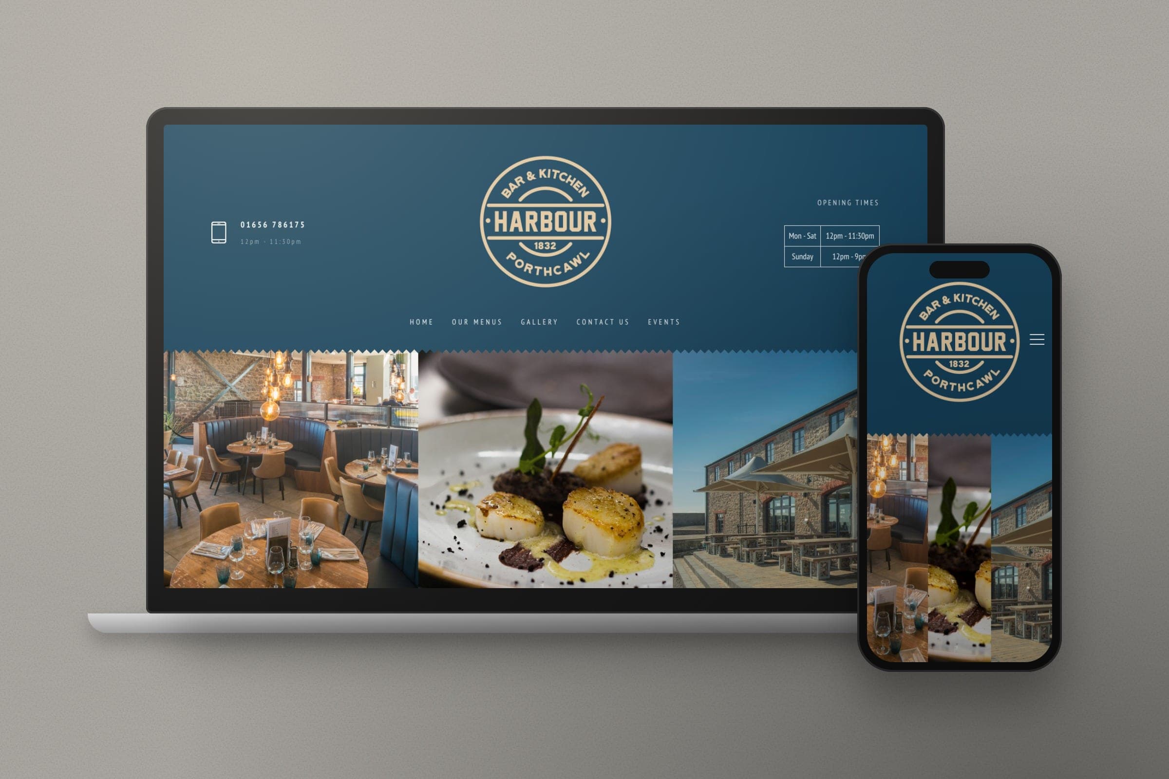 Mockup: the Harbour Bar & Kitchen website on a laptop and a phone, with the roundel logo, opening times and photos of the restaurant, food and terrace.