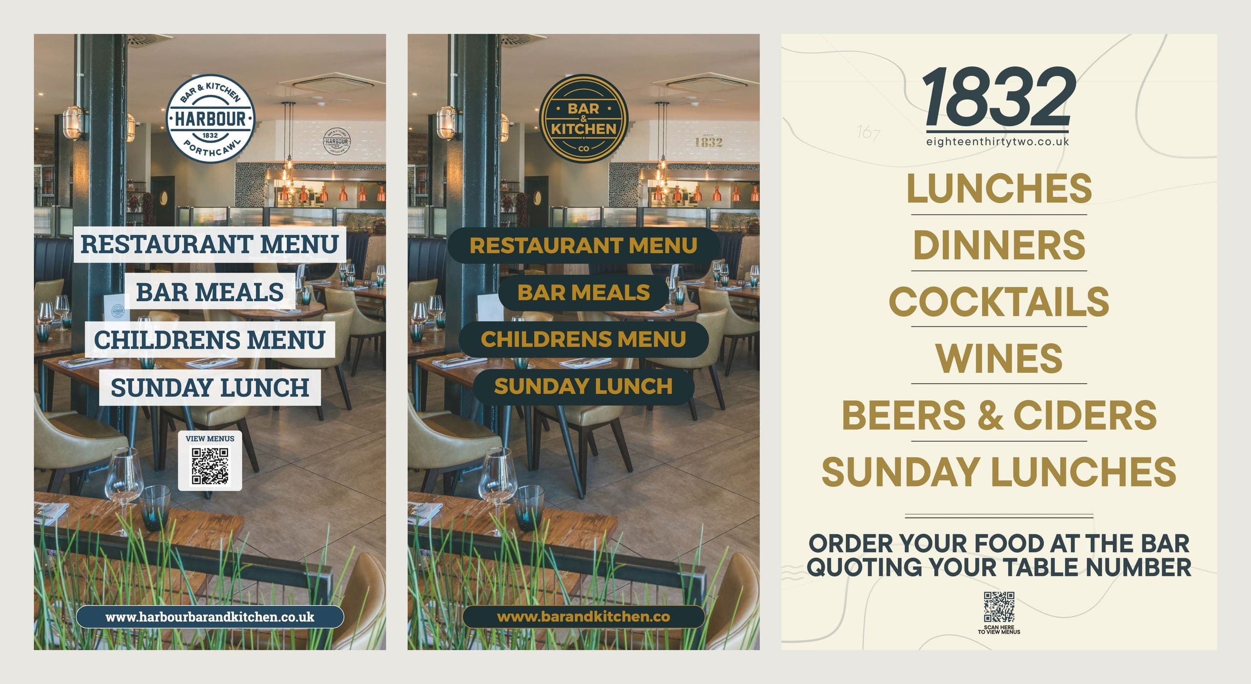 The outside board in each identity: the same restaurant photo and menu list under the Harbour and Bar & Kitchen Co. logos, then the 1832 board on cream.