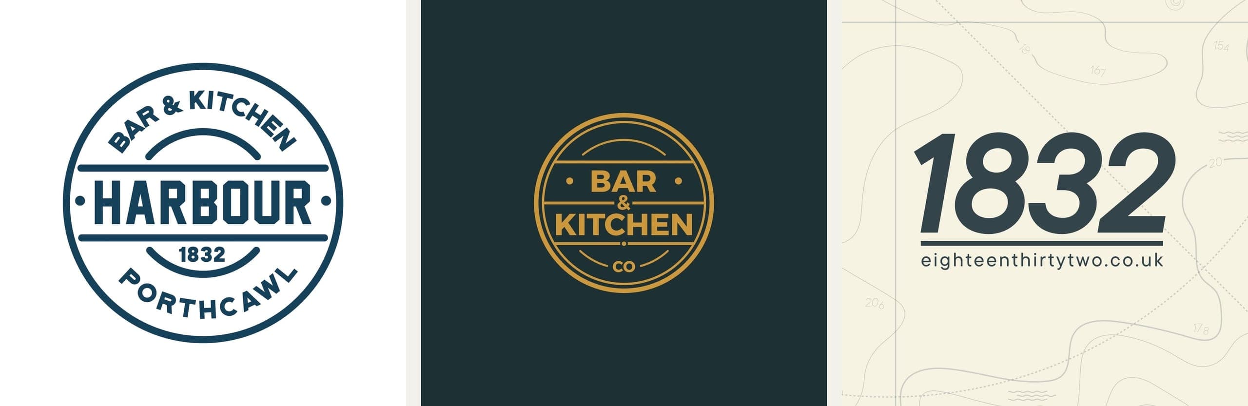 The three logos side by side: the navy Harbour Bar & Kitchen roundel with 1832 at its centre, the gold Bar & Kitchen Co. roundel on deep green, and the 1832 wordmark over chart contours.