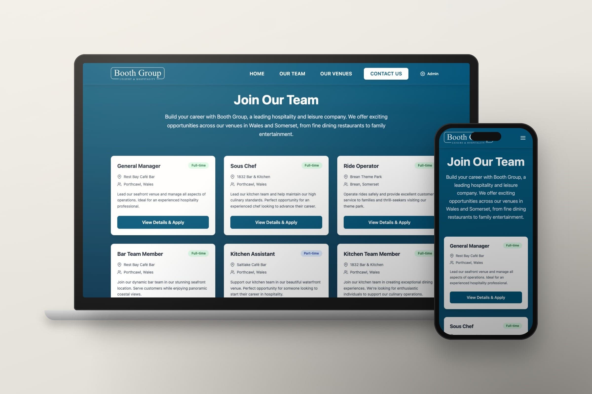 Mockup: the Booth Group careers page listing roles by venue, on a laptop and a phone.