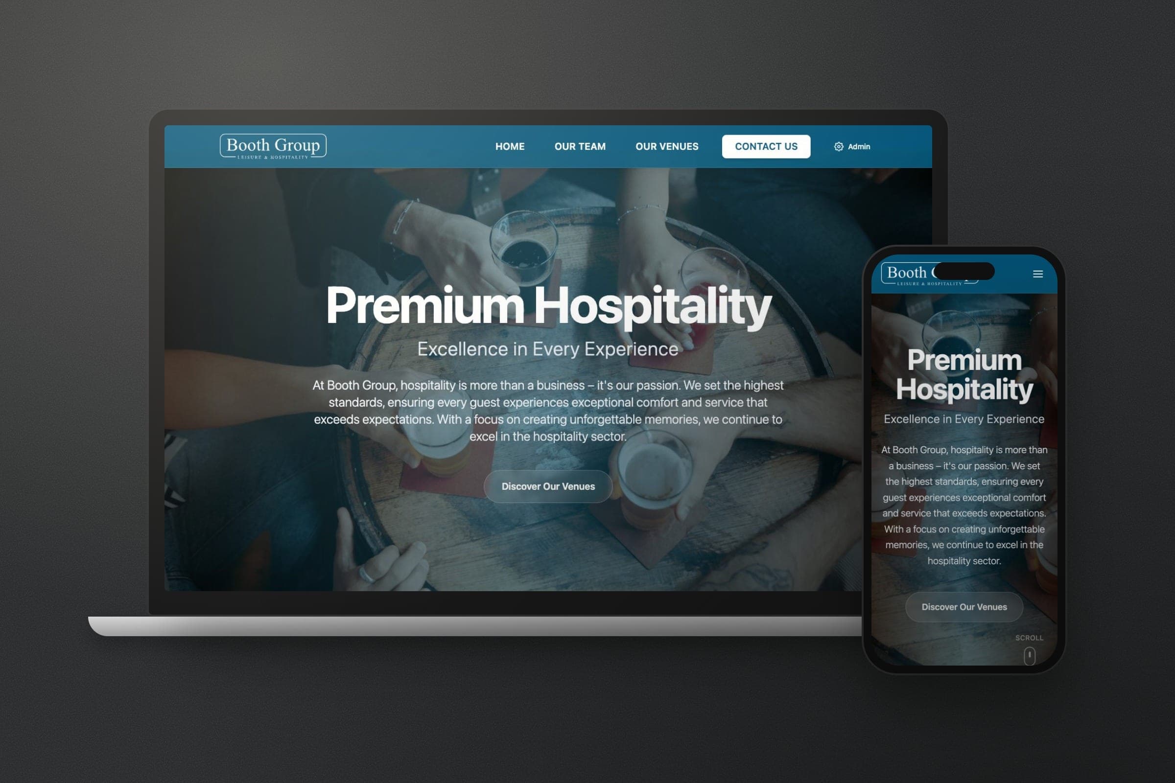 Mockup: the Booth Group home page on a laptop and a phone.