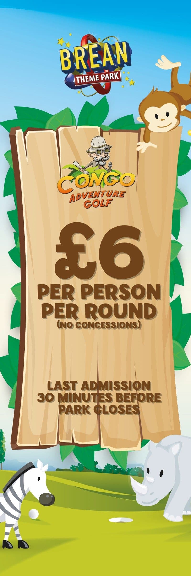 A tall Congo Golf flag: £6 per person per round, with the jungle animals from the course.