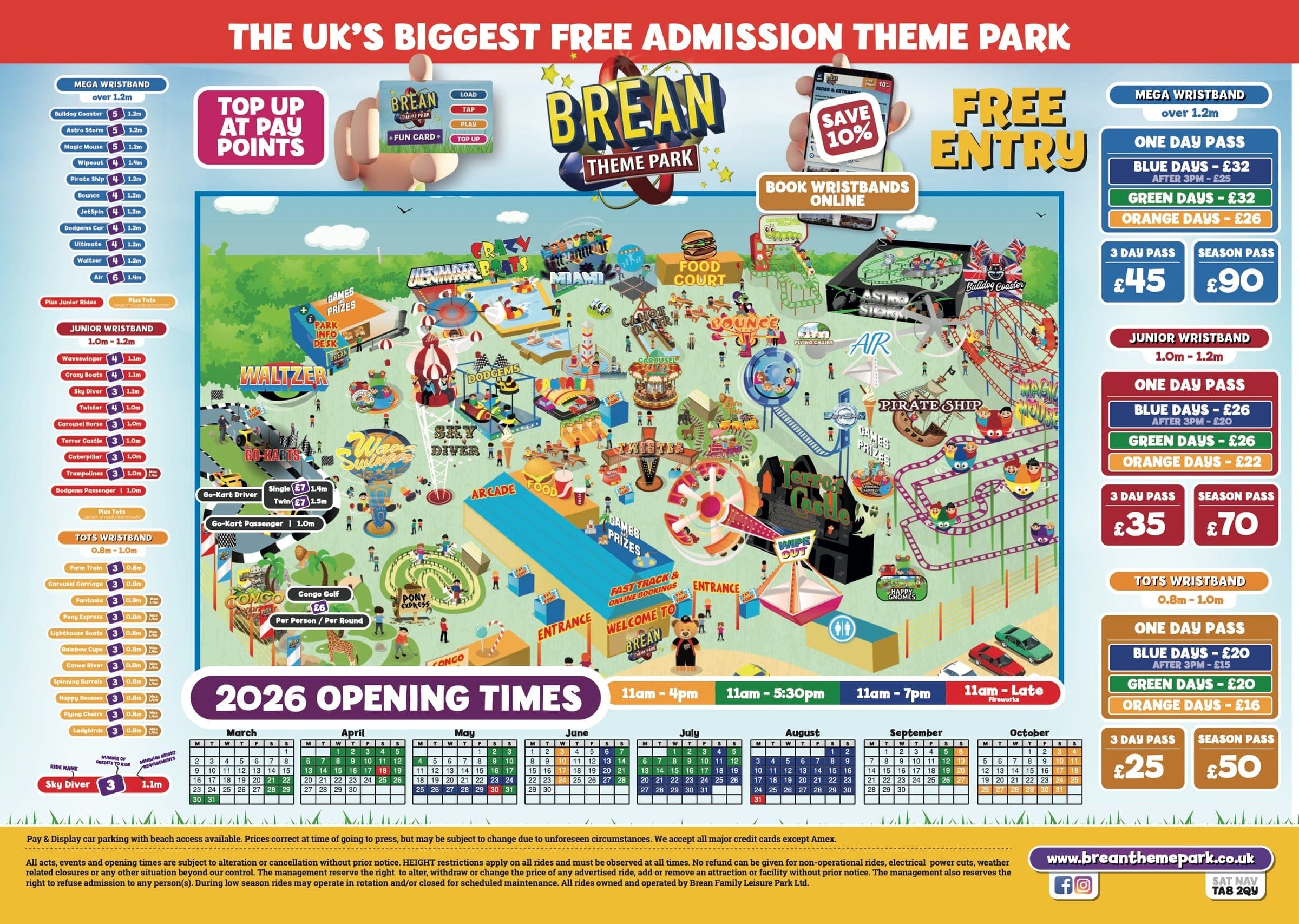 The info desk pad, with the park map, wristband prices and the 2026 opening calendar on one sheet.
