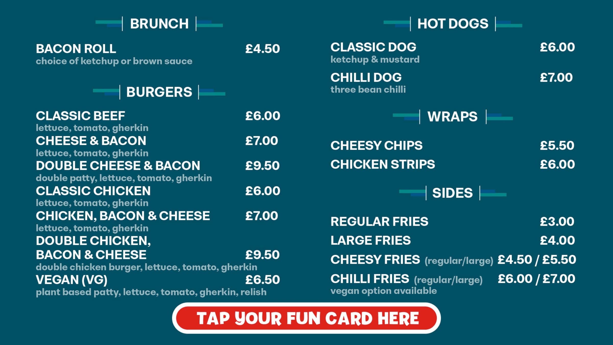 A food court menu screen listing brunch, burgers, hot dogs, wraps and sides, with a prompt to tap your Fun Card.