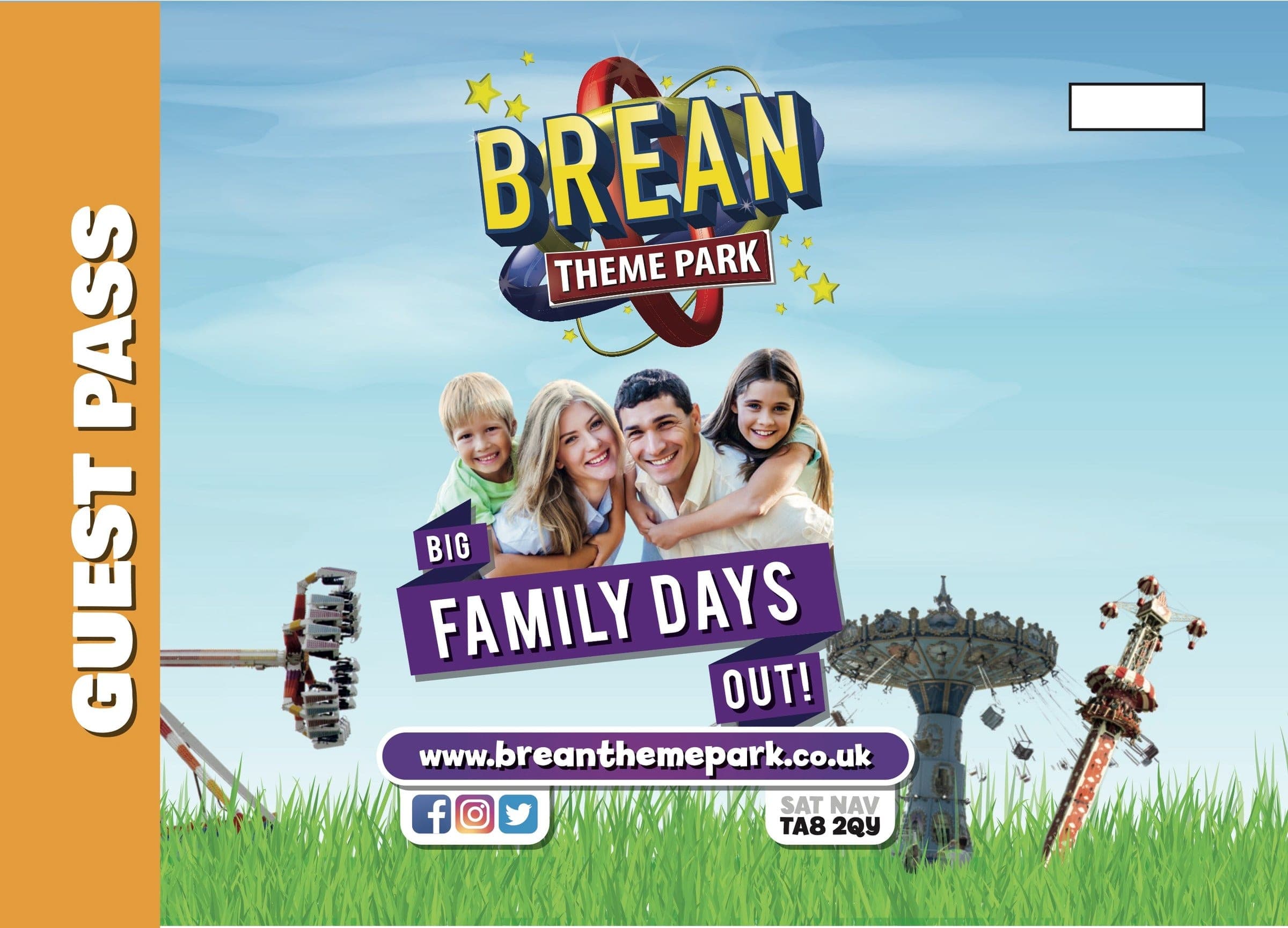 A Brean Theme Park guest pass with the logo, a family and the Big Family Days Out line.