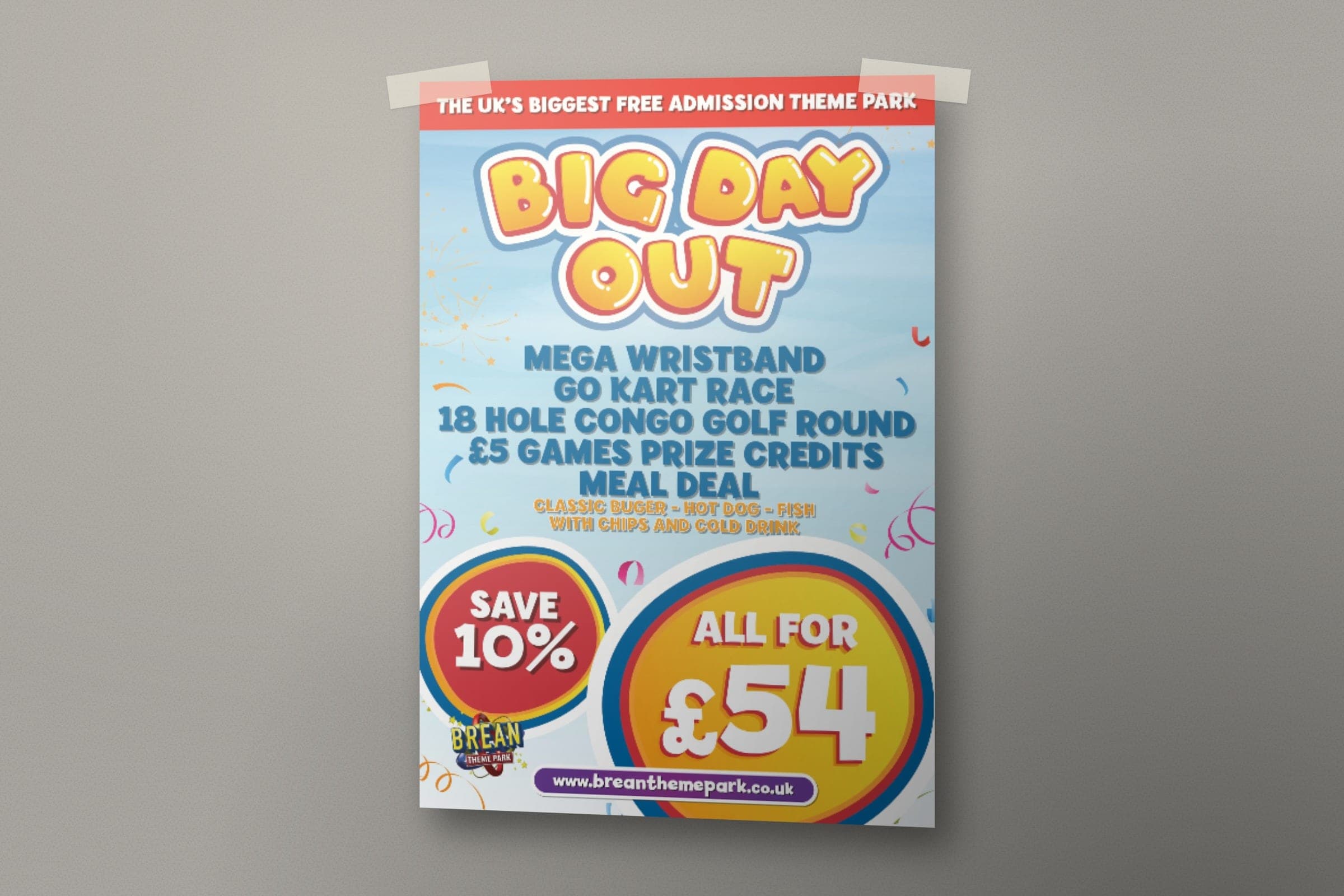 Mockup: the Big Day Out poster, a Mega wristband, go-kart race, Congo Golf round, games credits and a meal for £54.