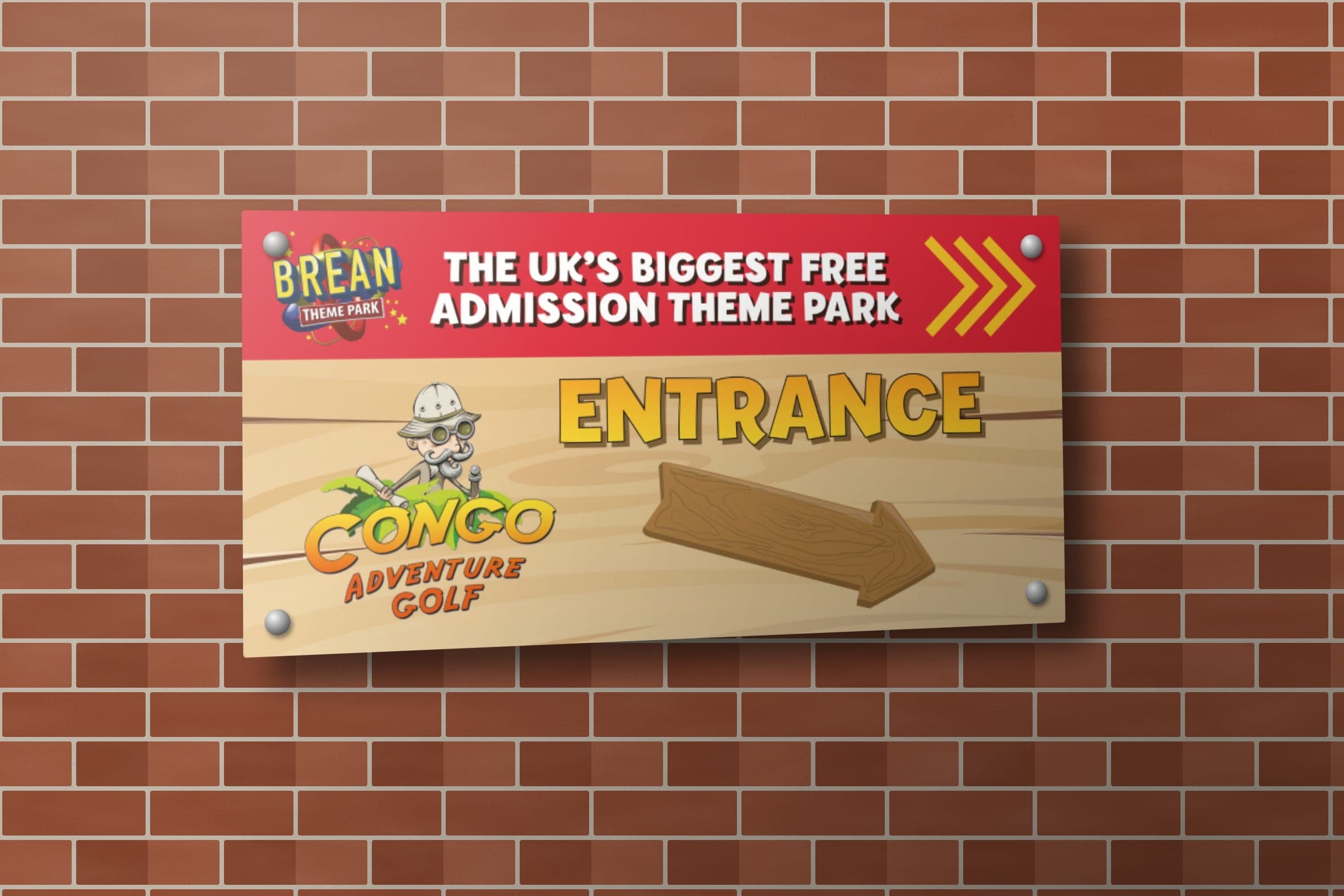 Mockup: the Congo Adventure Golf entrance sign, a wooden board with the explorer logo and an arrow.