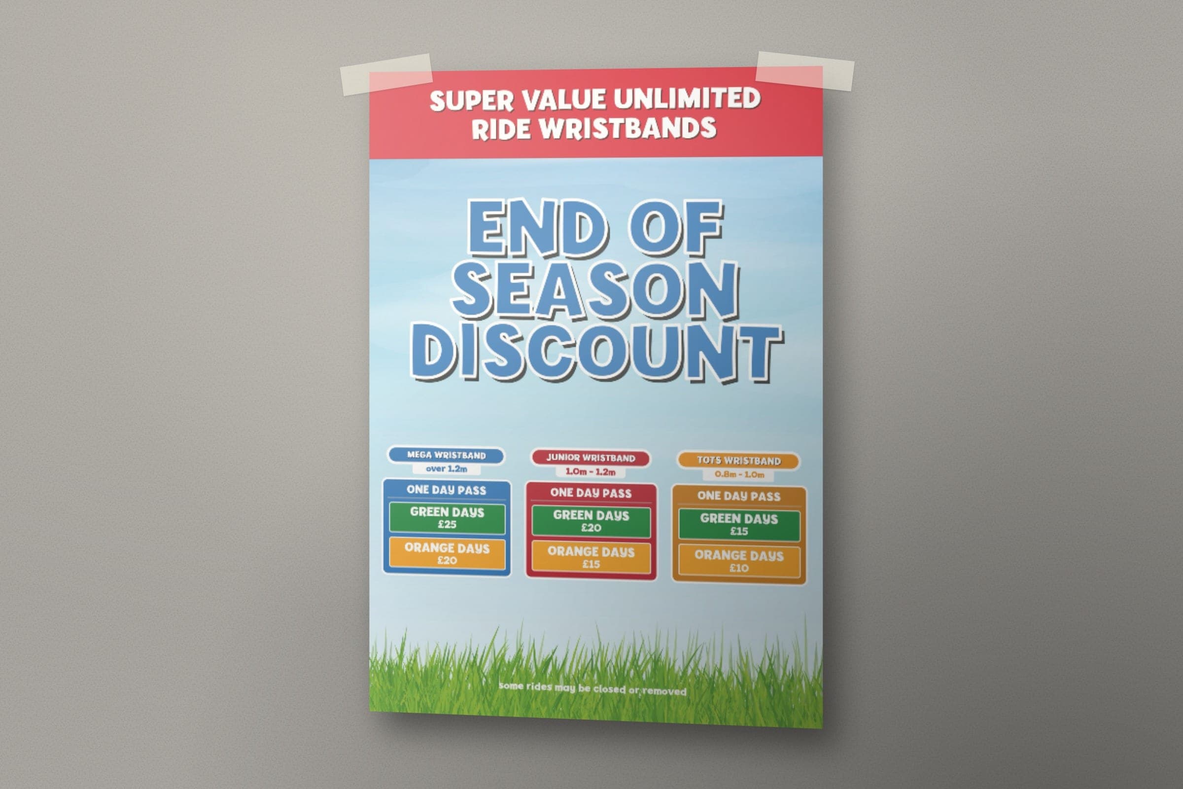 Mockup: the End of Season Discount poster with reduced wristband prices for green and orange days.