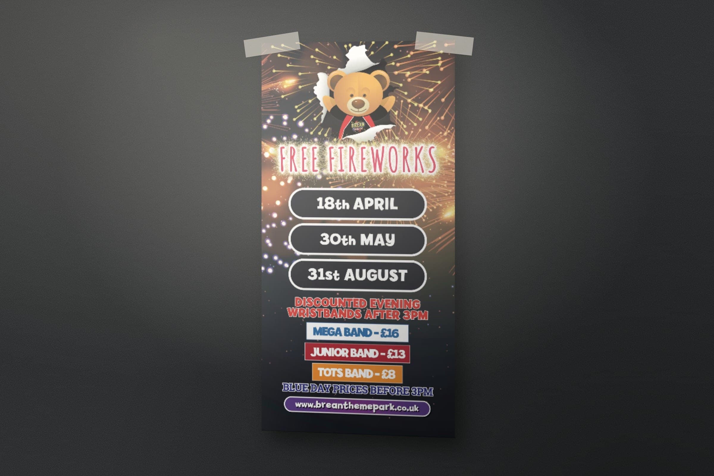 Mockup: the Free Fireworks board with Sandy Bear, the fireworks dates and discounted evening wristband prices.