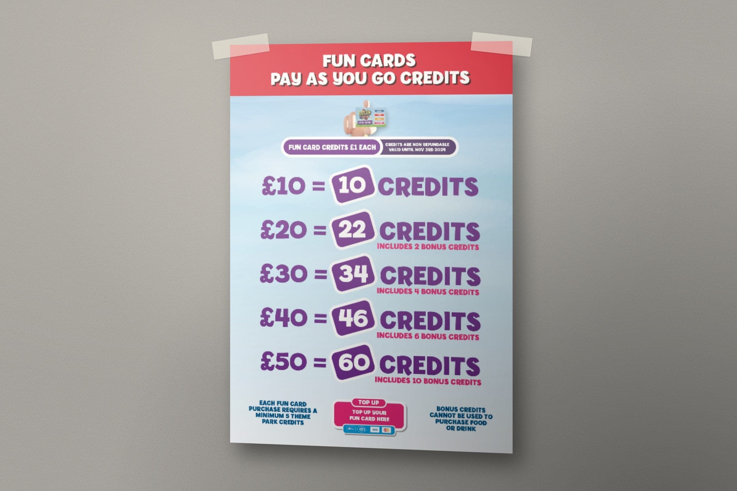 Mockup: the Fun Card poster, showing how many pay as you go ride credits each top up buys.