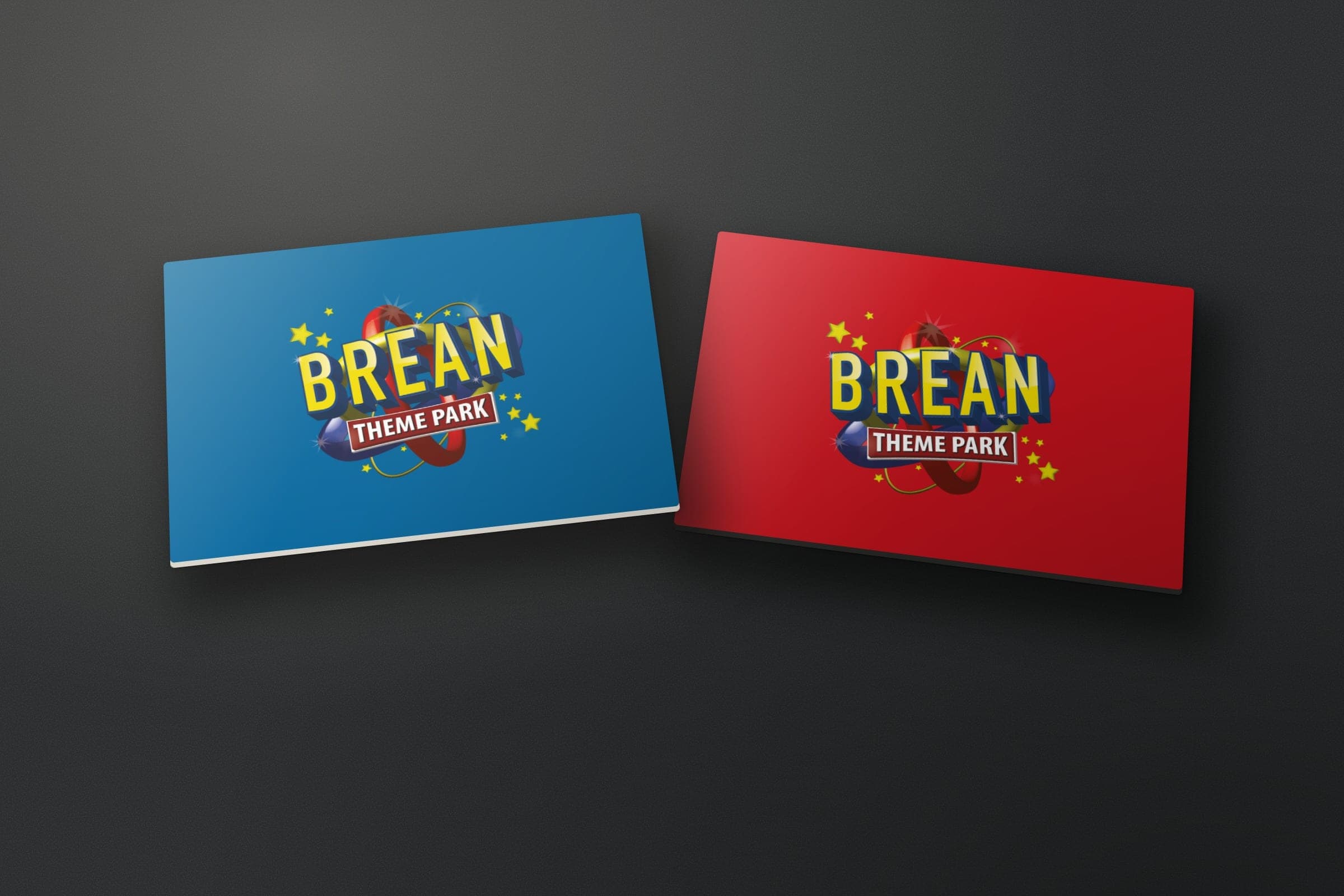 Mockup: the Brean Theme Park logo on two cards, in the park's brand blue and brand red.