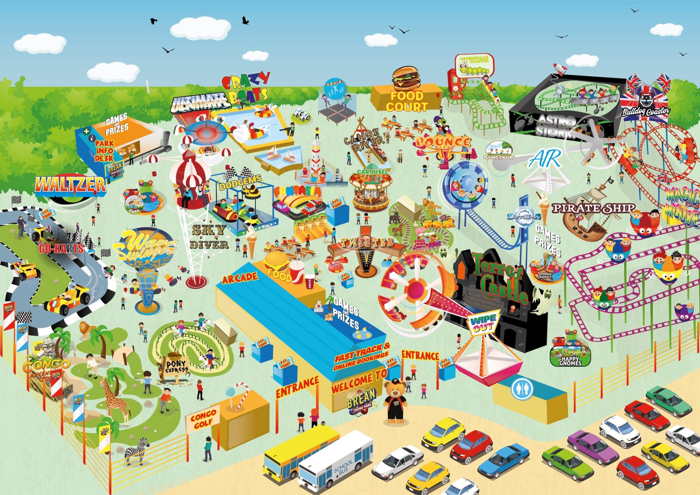 The illustrated 2026 park map of Brean Theme Park, with every ride drawn in, from the go-kart track and Congo Golf to the Bulldog Coaster, Air and the Magic Mouse.