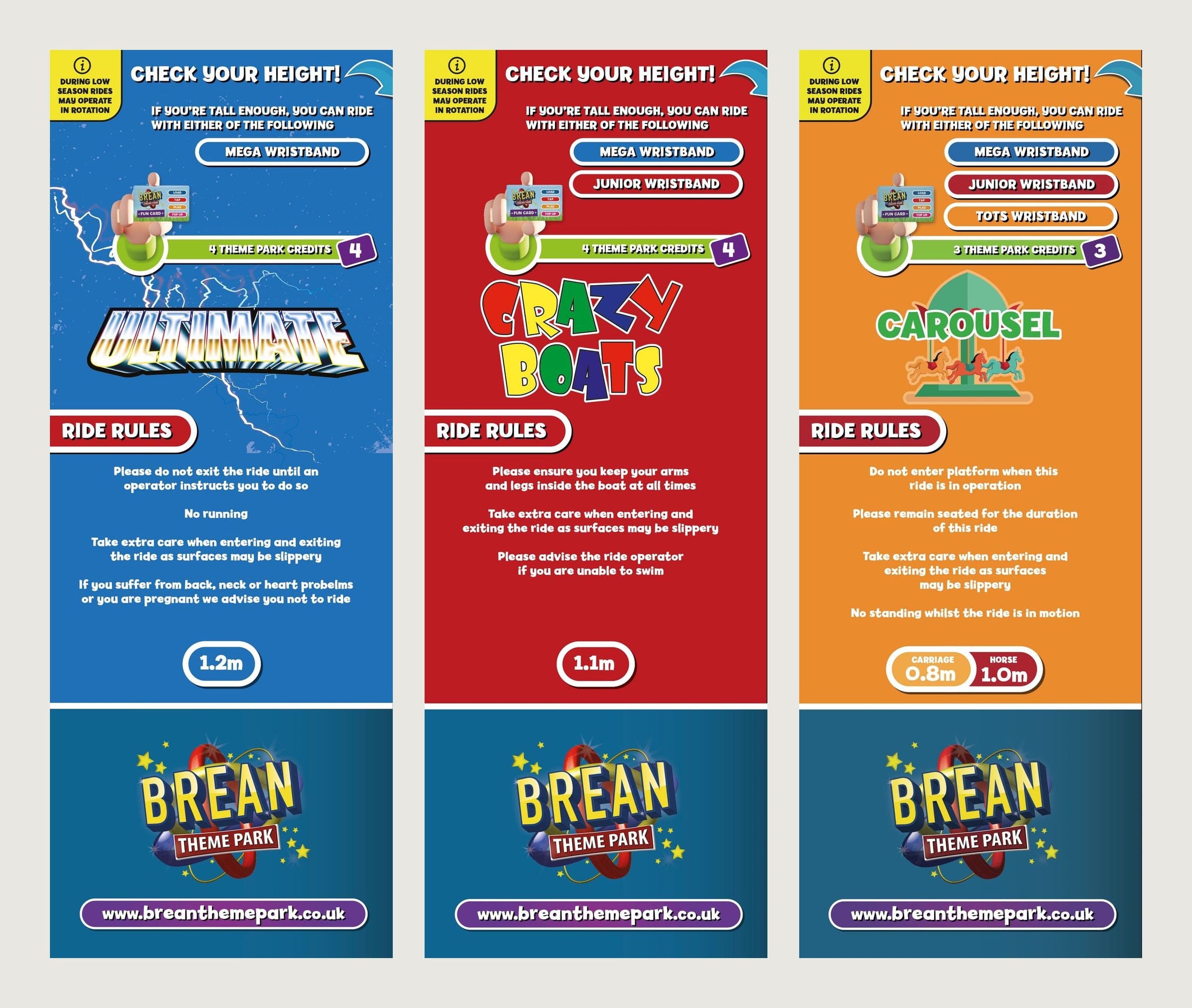 Three ride boards for Ultimate, Crazy Boats and Carousel, in Mega blue, Junior red and Tots orange, each with ride rules, credits and height limits.
