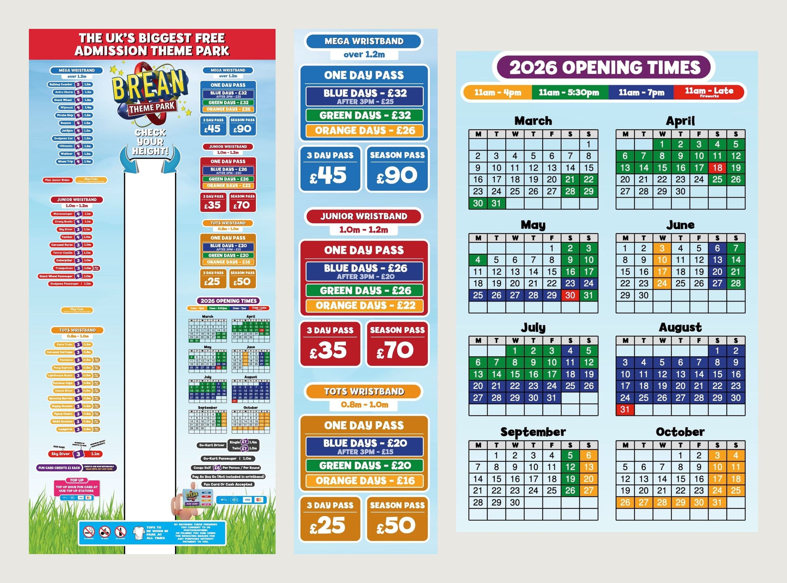 The Brean Theme Park welcome sign in full, beside enlarged details of the wristband prices and the 2026 opening calendar, colour coded by day.
