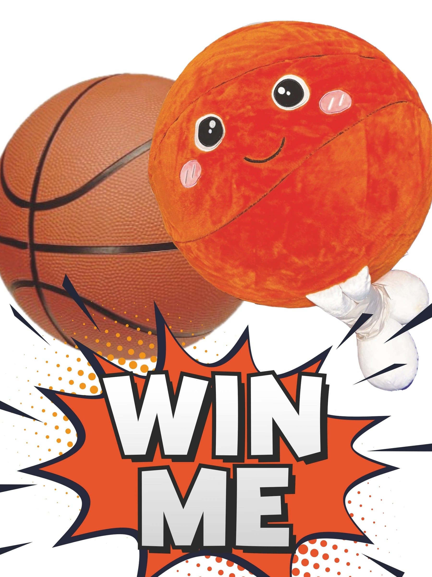 The Win Me basketball game sign, a cartoon basketball prize over a comic burst.