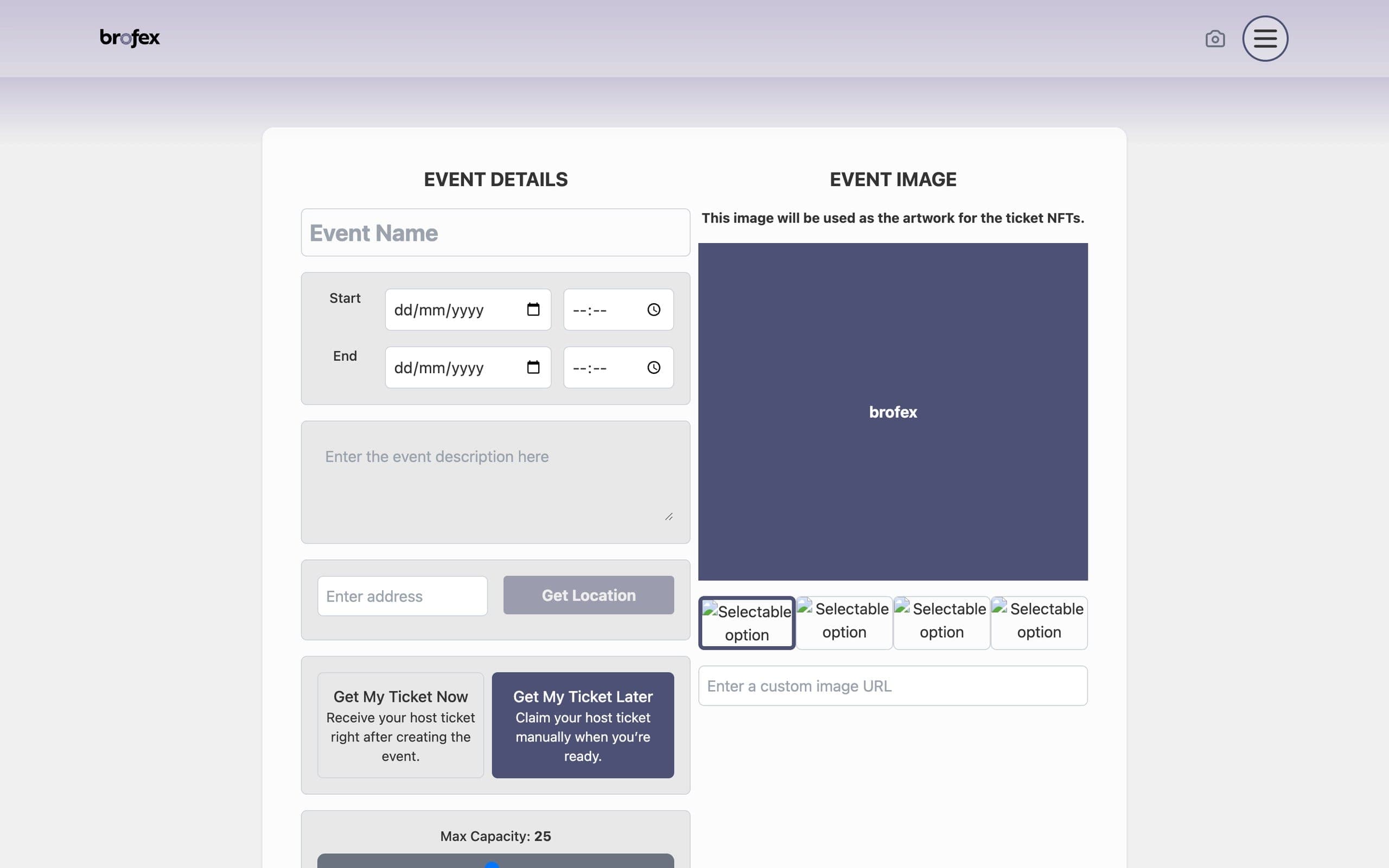 Creating an event: name, dates, description and location on one side, the ticket artwork on the other, with ticket and capacity options below.