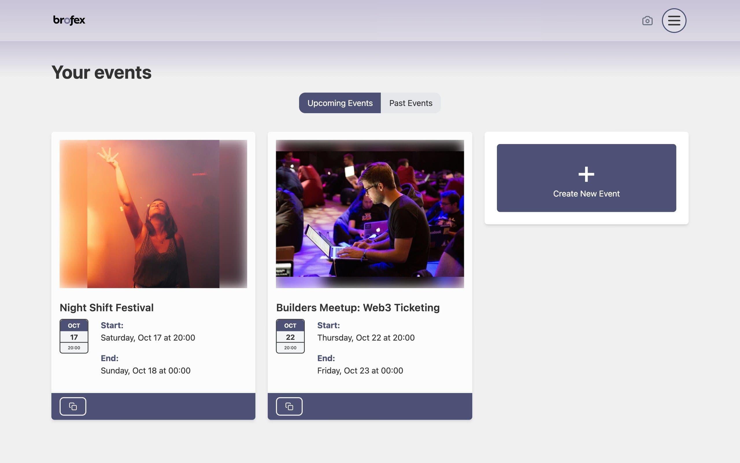 Your events: the organiser's upcoming events beside a tile to create a new one. Demo events.