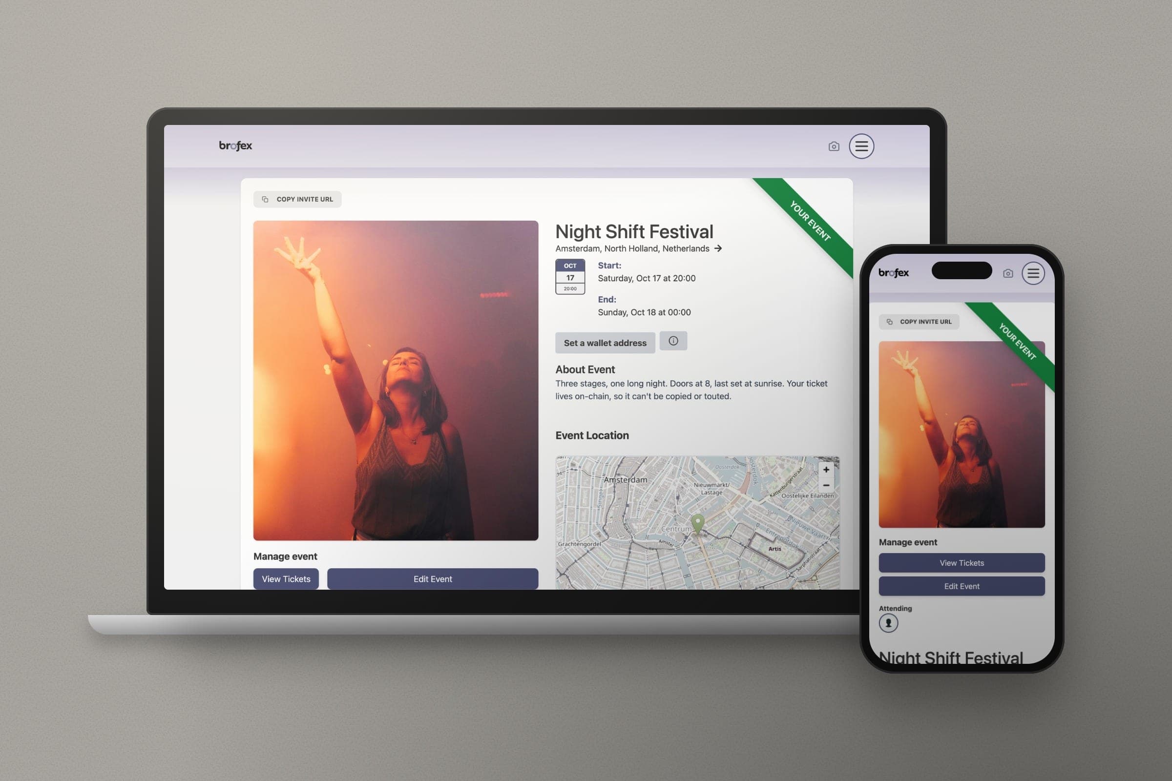 Mockup: a Brofex event page on a laptop and a phone, with the event image, dates, description, location map and tools to manage the event. Demo event.