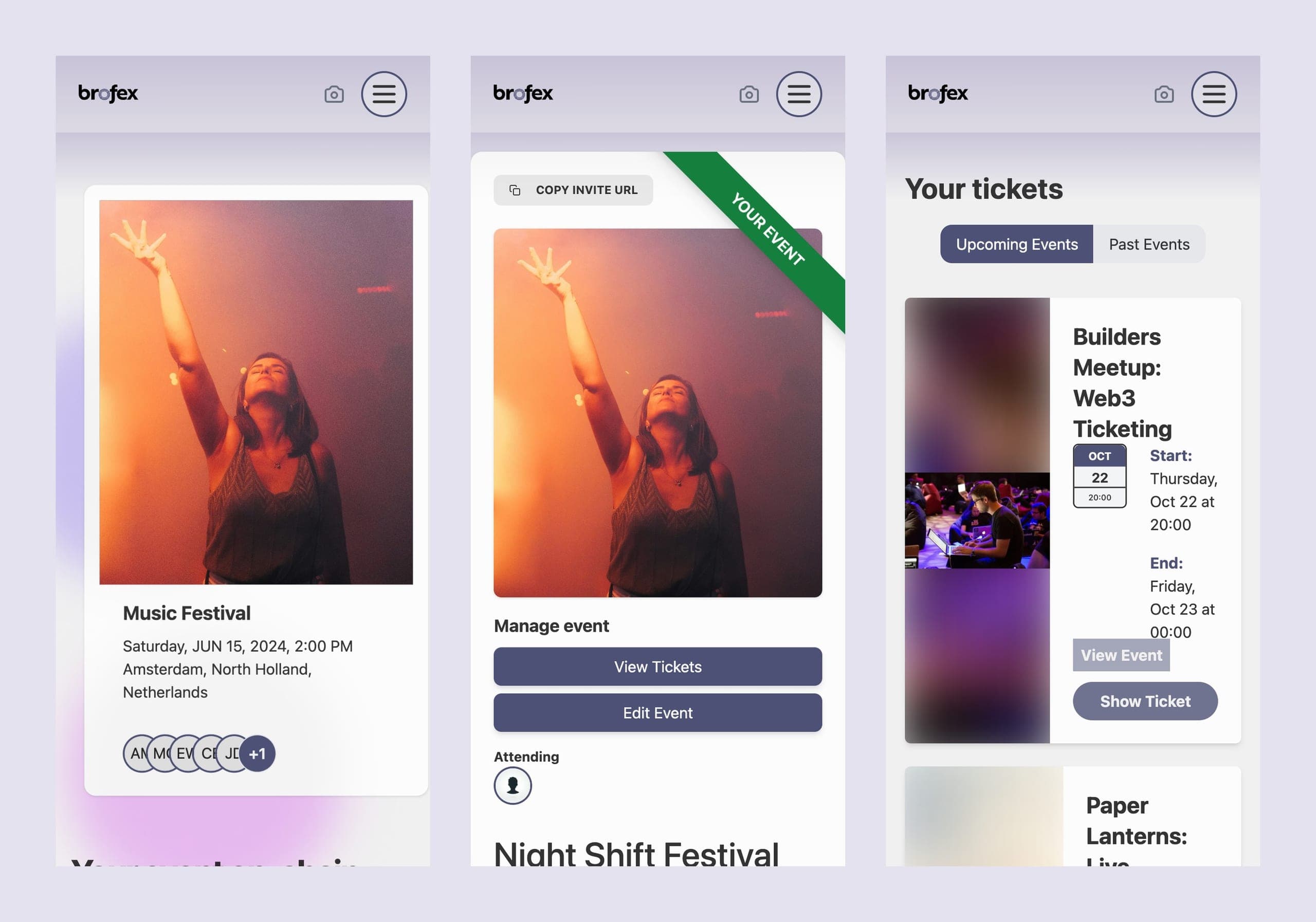 Brofex on three phones: the home page, an event page and the list of tickets. Demo events.