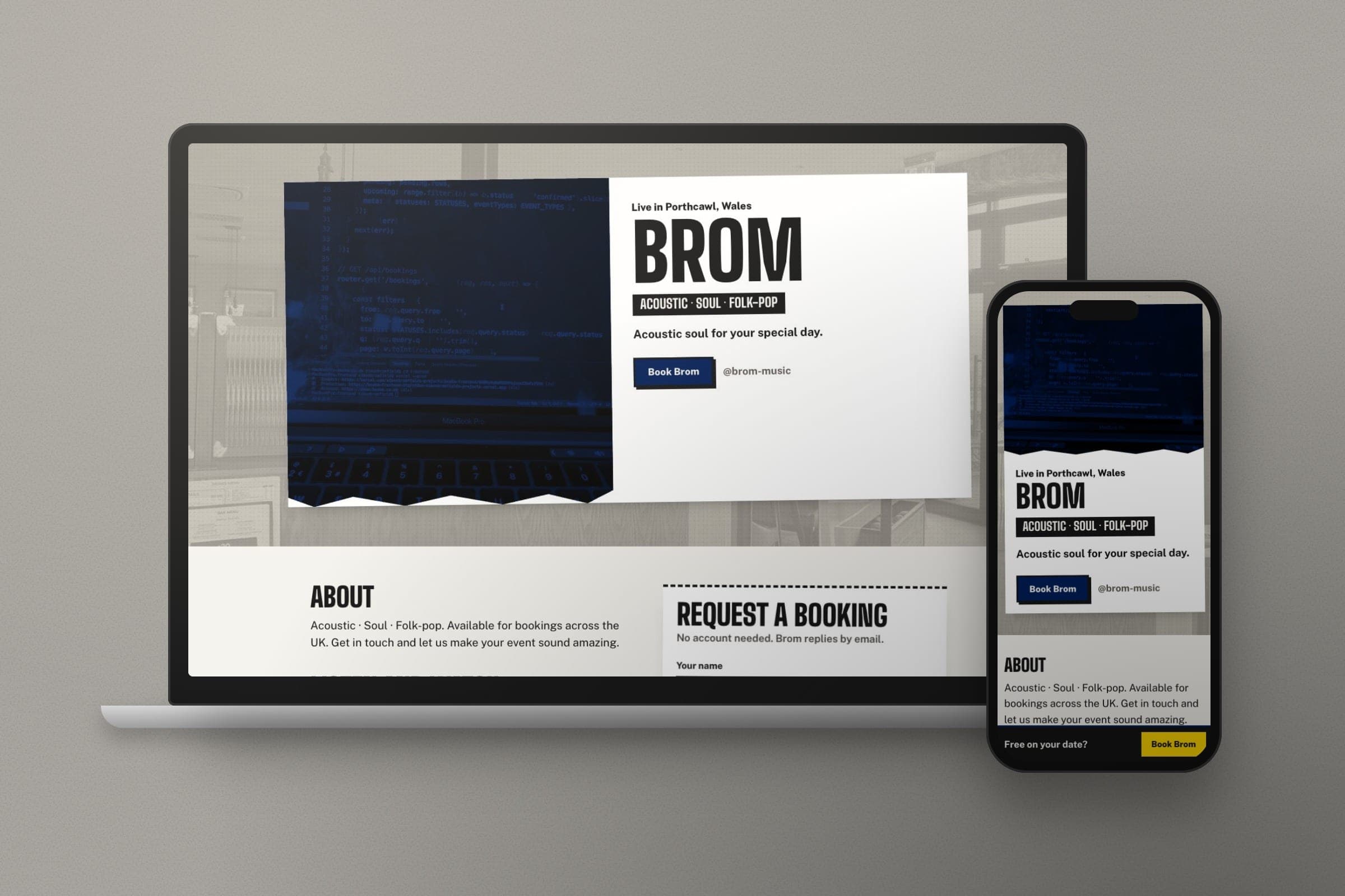 Mockup: an act's Buska page with its booking button, on a laptop and a phone.
