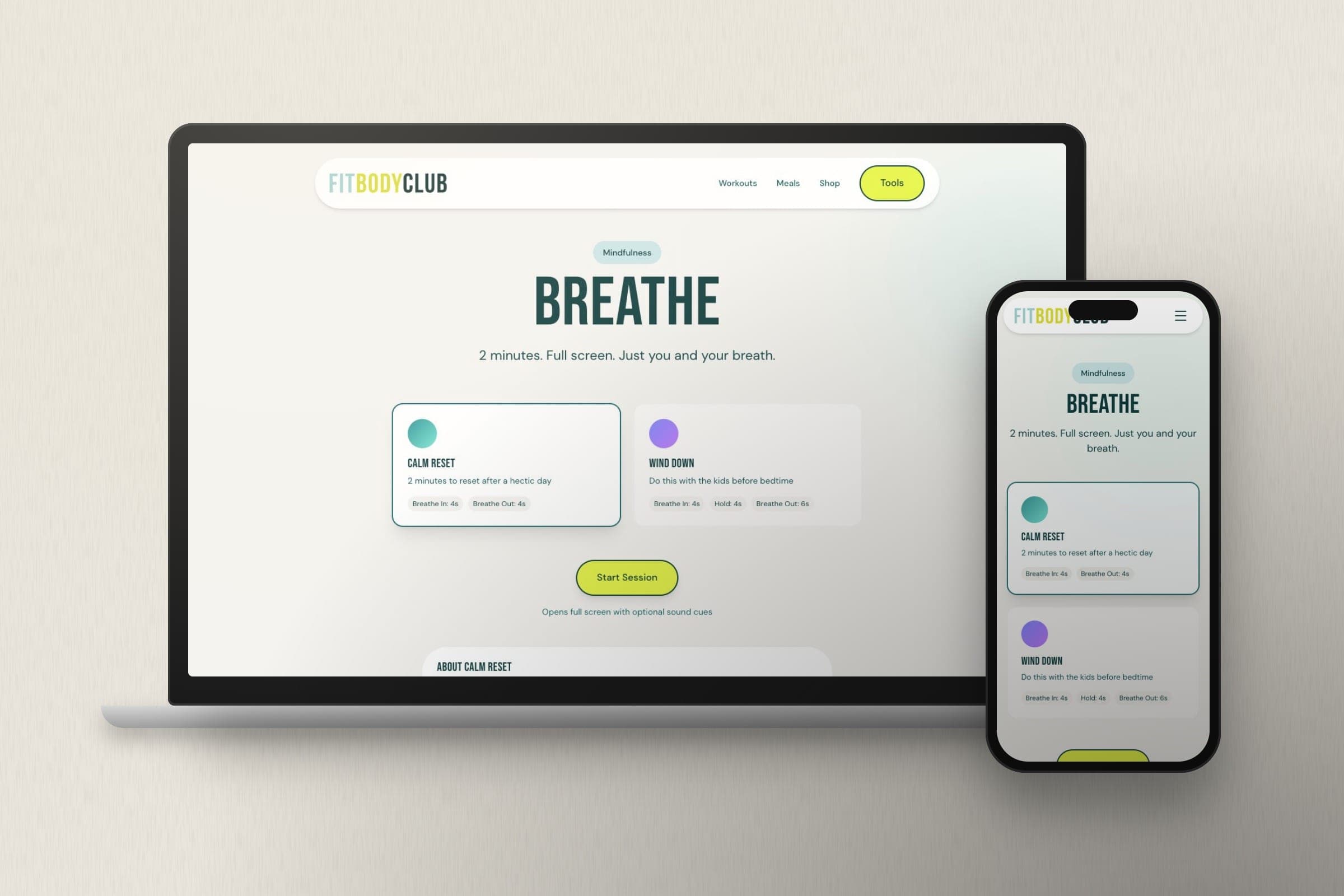 Mockup: the Fit Body Club Breathe page on a laptop and a phone, offering two guided breathing sessions.