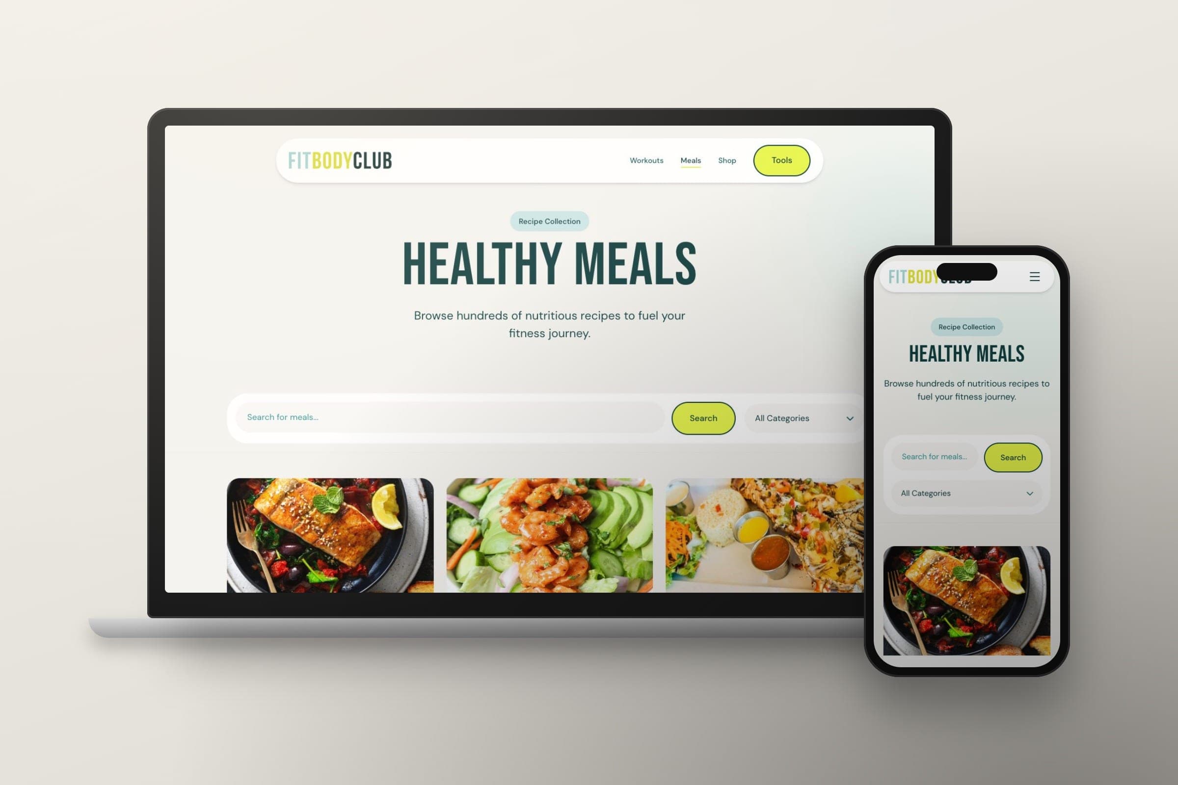 Mockup: the Fit Body Club healthy meals page on a laptop and a phone, with recipe search and photos of dishes.