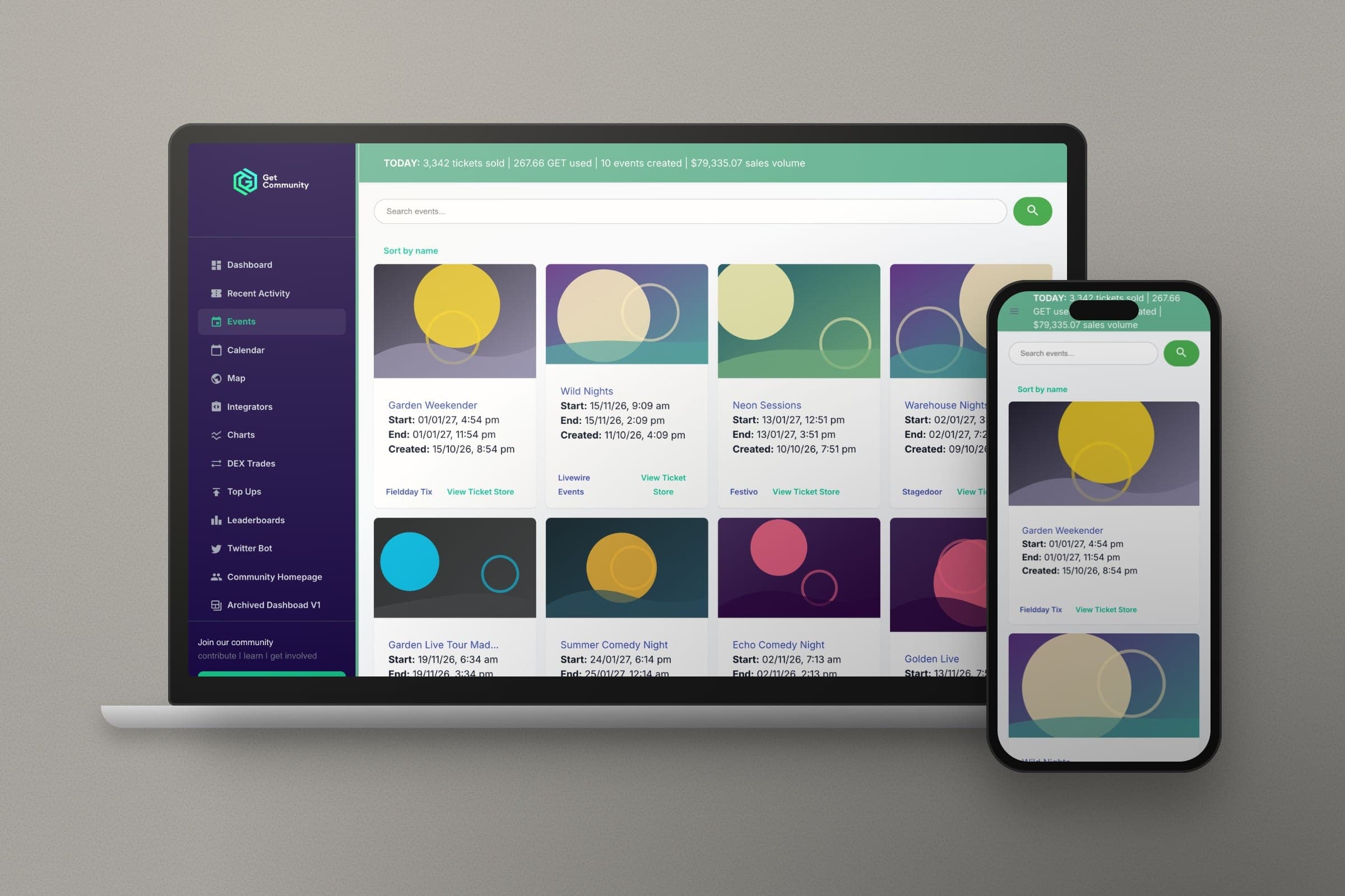Mockup: the dashboard's searchable events directory on a laptop and a phone. Sample data.