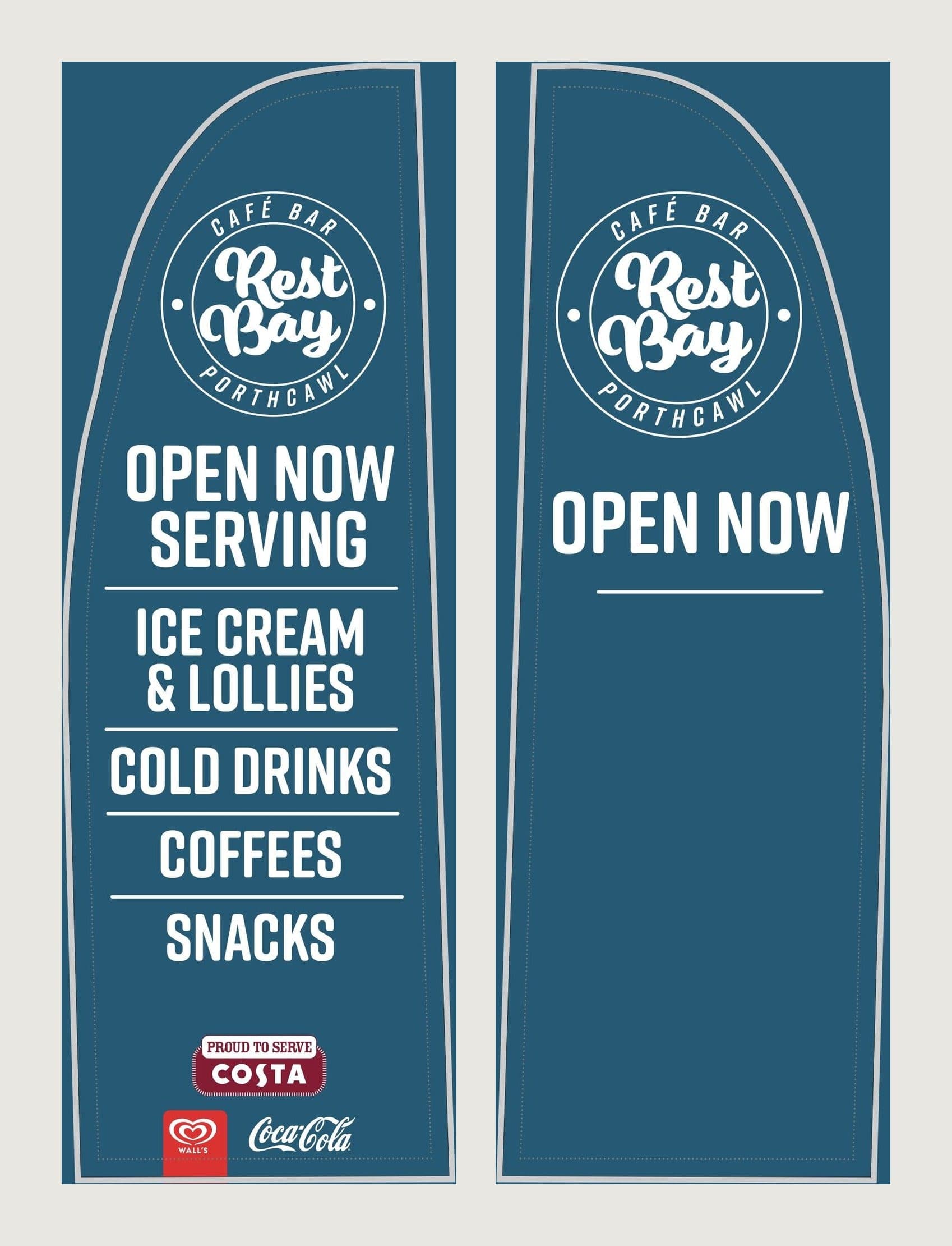 Two Rest Bay feather flags: Open Now, serving ice cream, cold drinks, coffees and snacks.