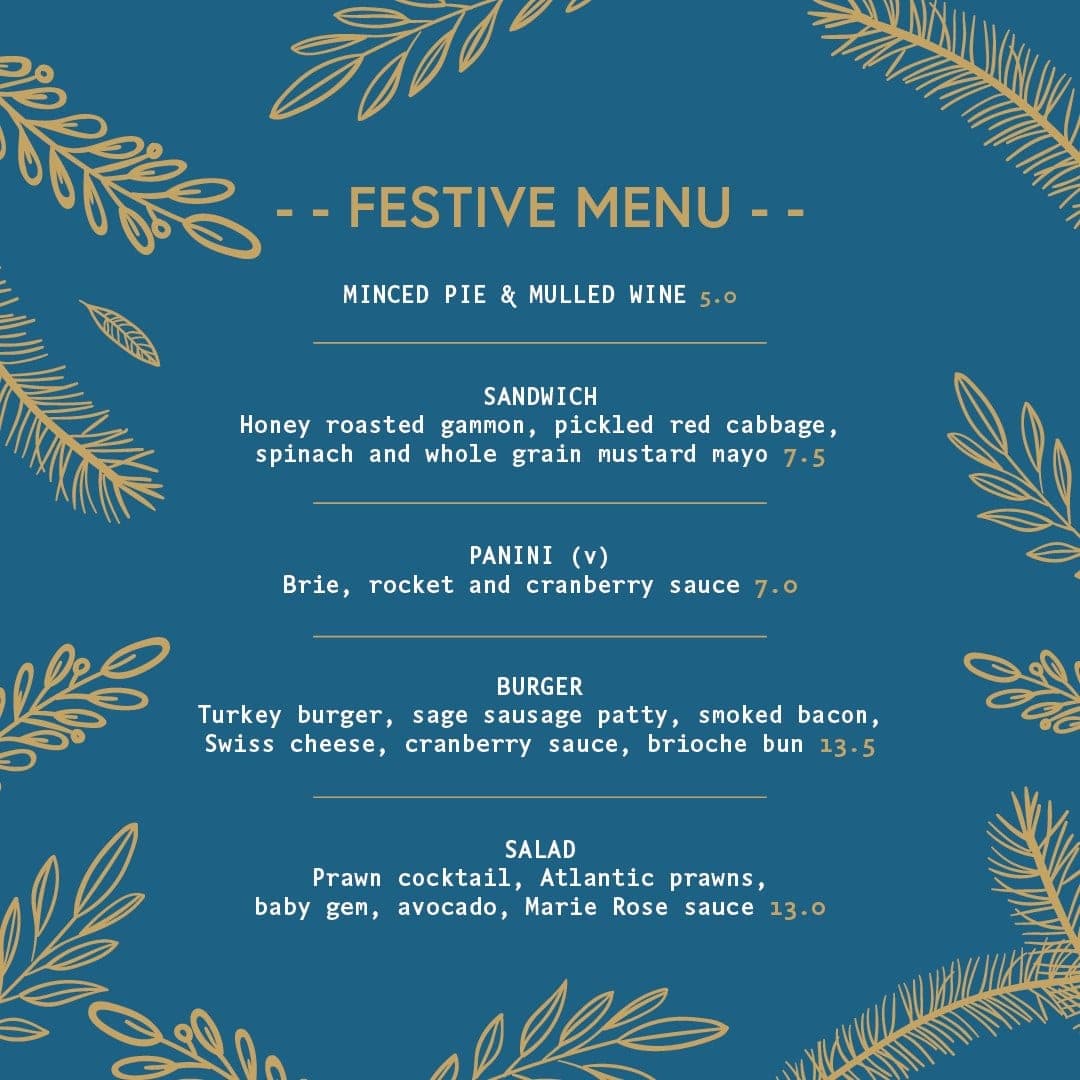 The festive menu for social media, gold leaves on deep blue.