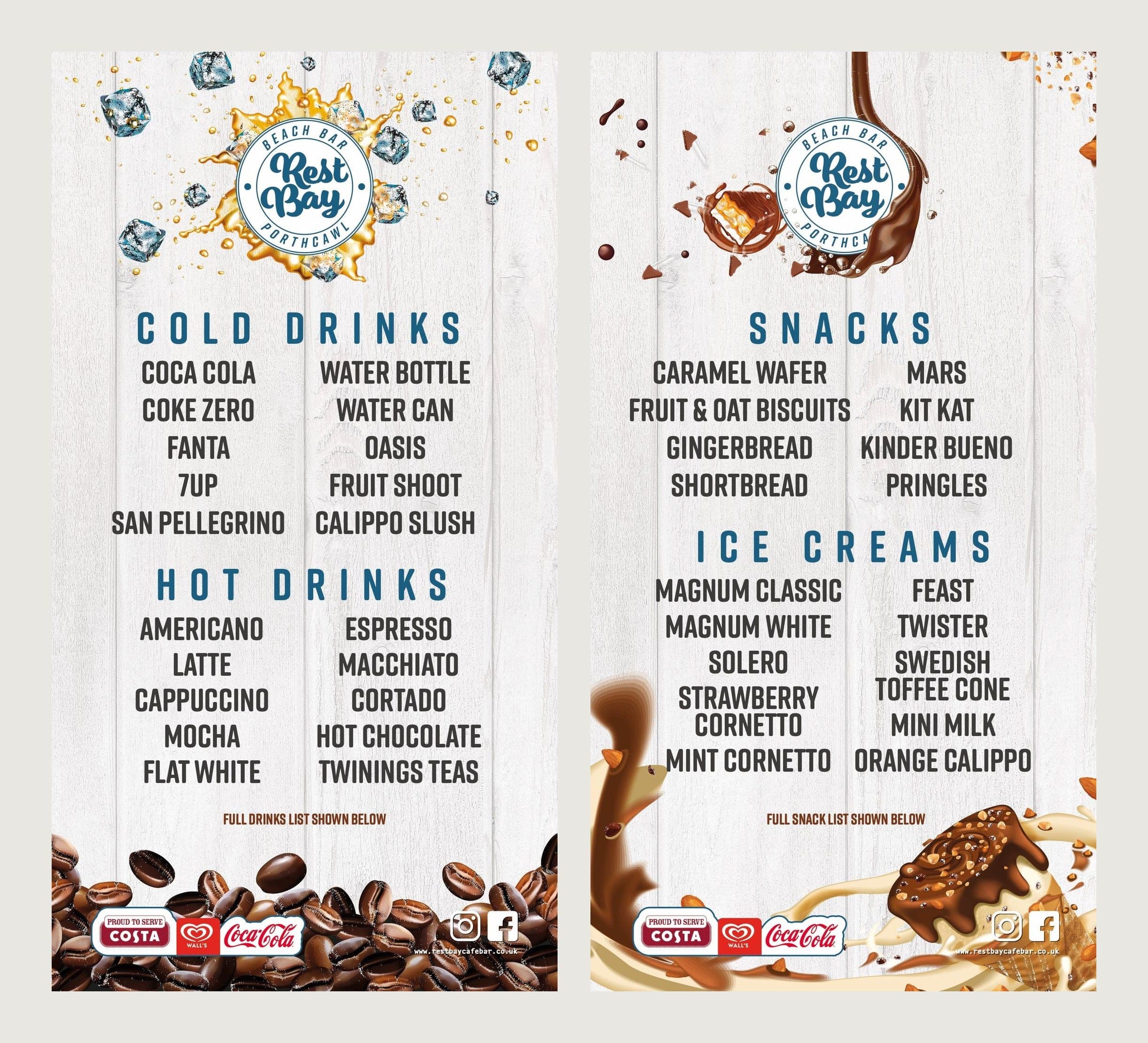 The kiosk menu boards: cold and hot drinks on one, snacks and ice creams on the other, over white-washed wood.
