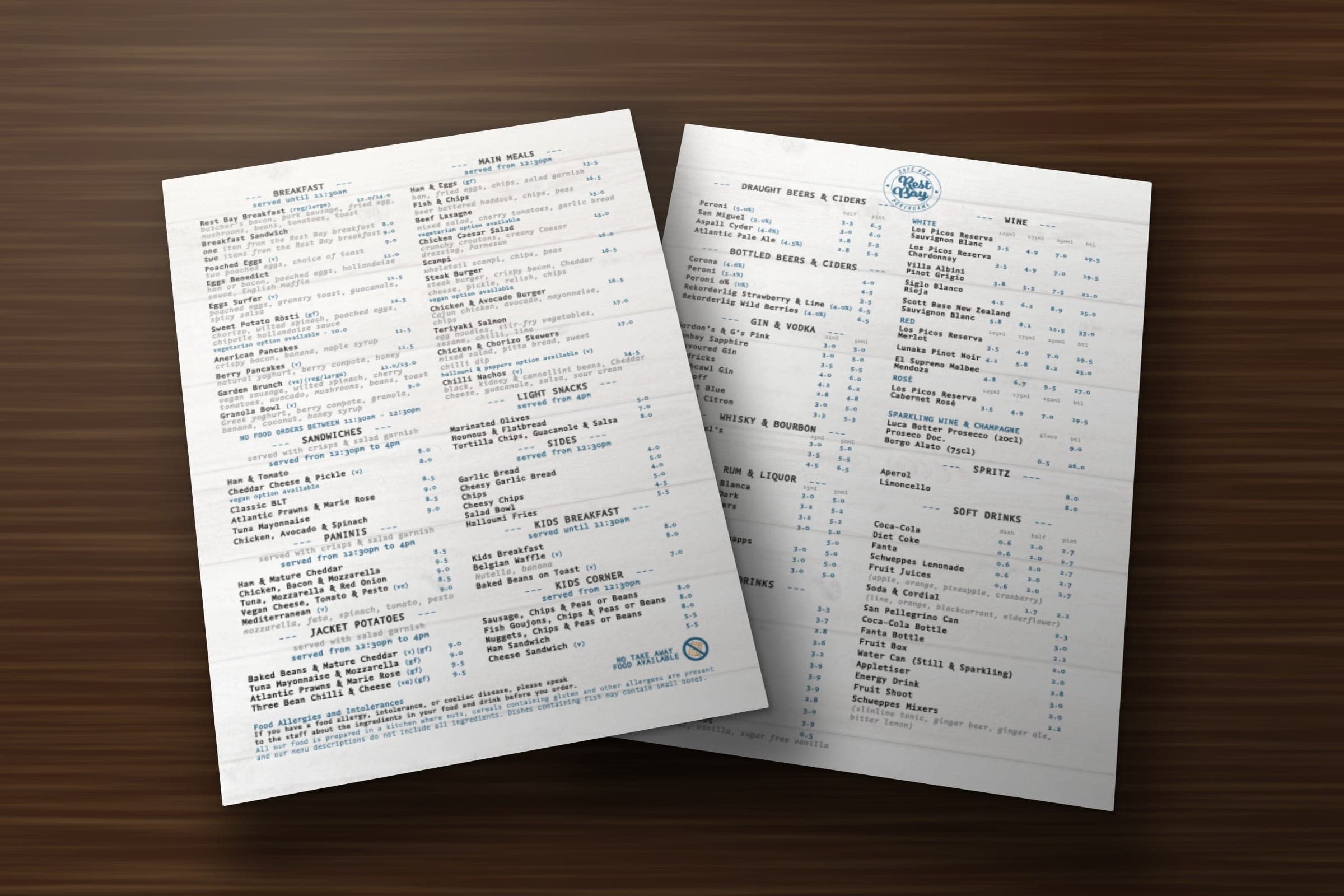 Mockup: the Rest Bay spring menu with breakfast, main meals and sandwiches, and the drinks list.