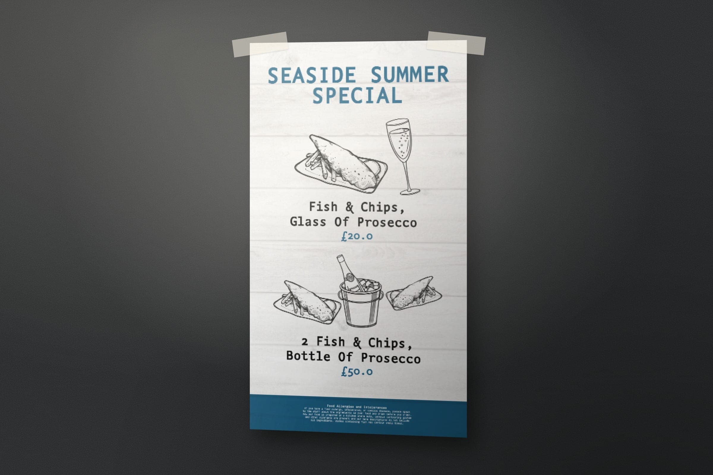 Mockup: the Seaside Summer Special poster: fish and chips with Prosecco.