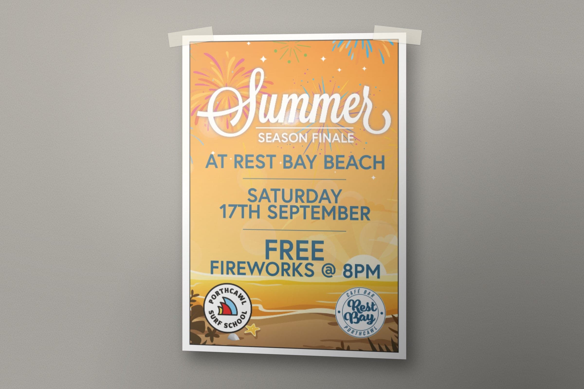 Mockup: the Summer Season Finale poster: free fireworks at Rest Bay beach.