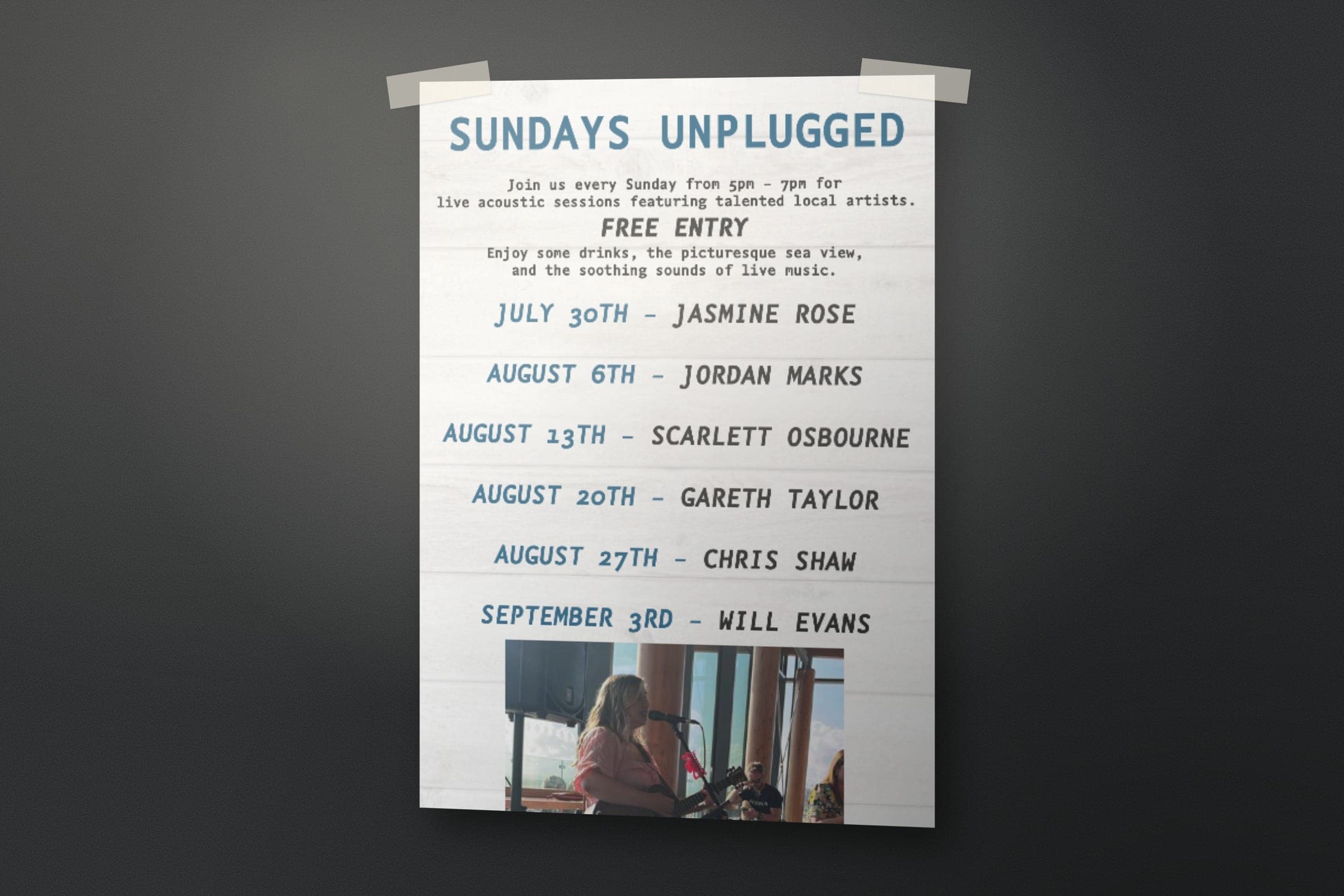 Mockup: the Sundays Unplugged poster listing live acoustic sessions through the summer.