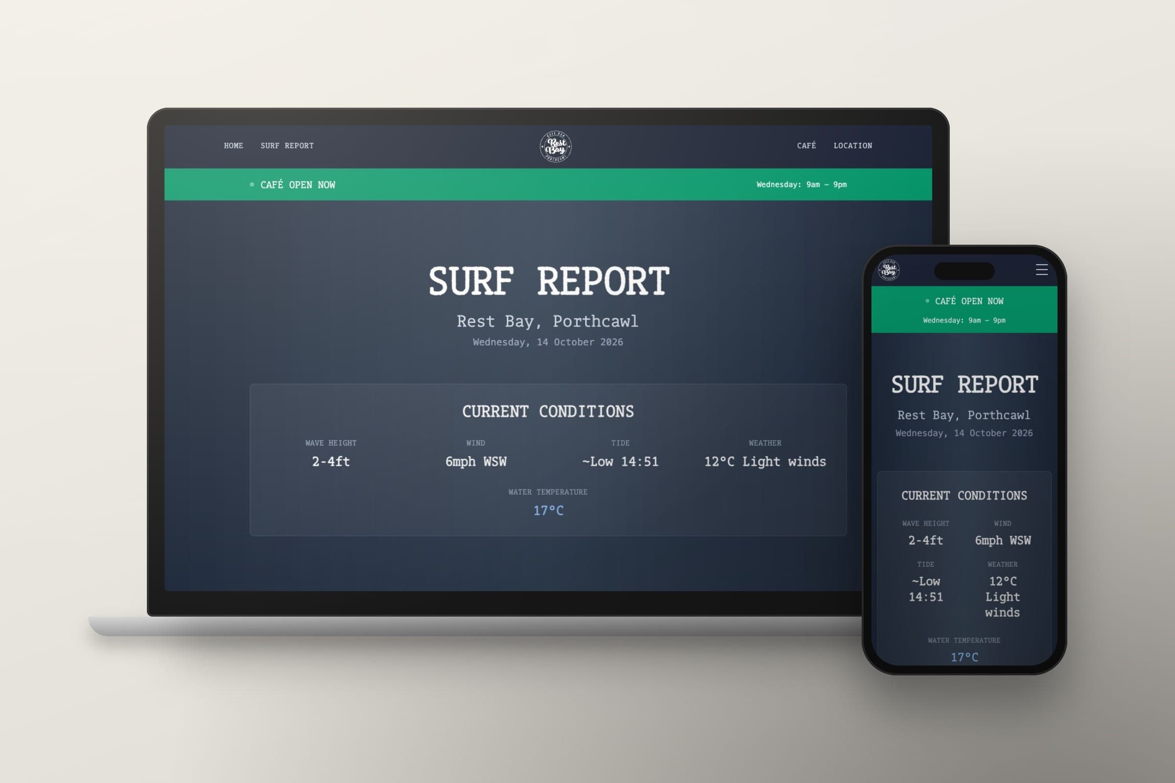 Mockup: the Rest Bay surf report page with wave height, wind and tide, on a laptop and a phone.