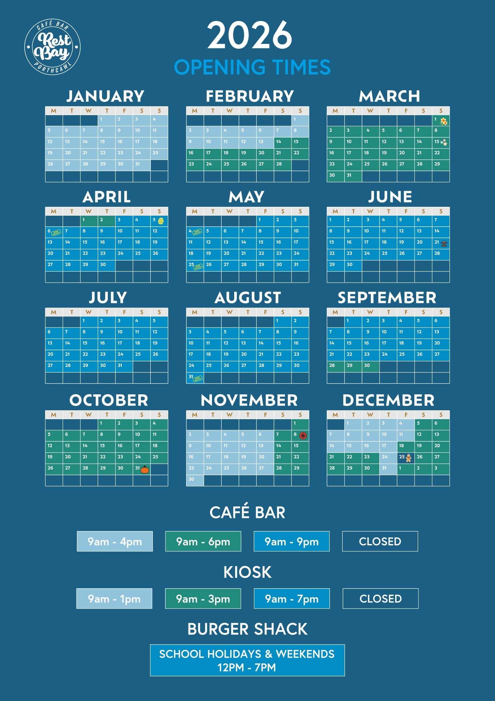 The 2026 opening times poster: a year of colour-coded calendars with hours for the café bar, kiosk and burger shack.