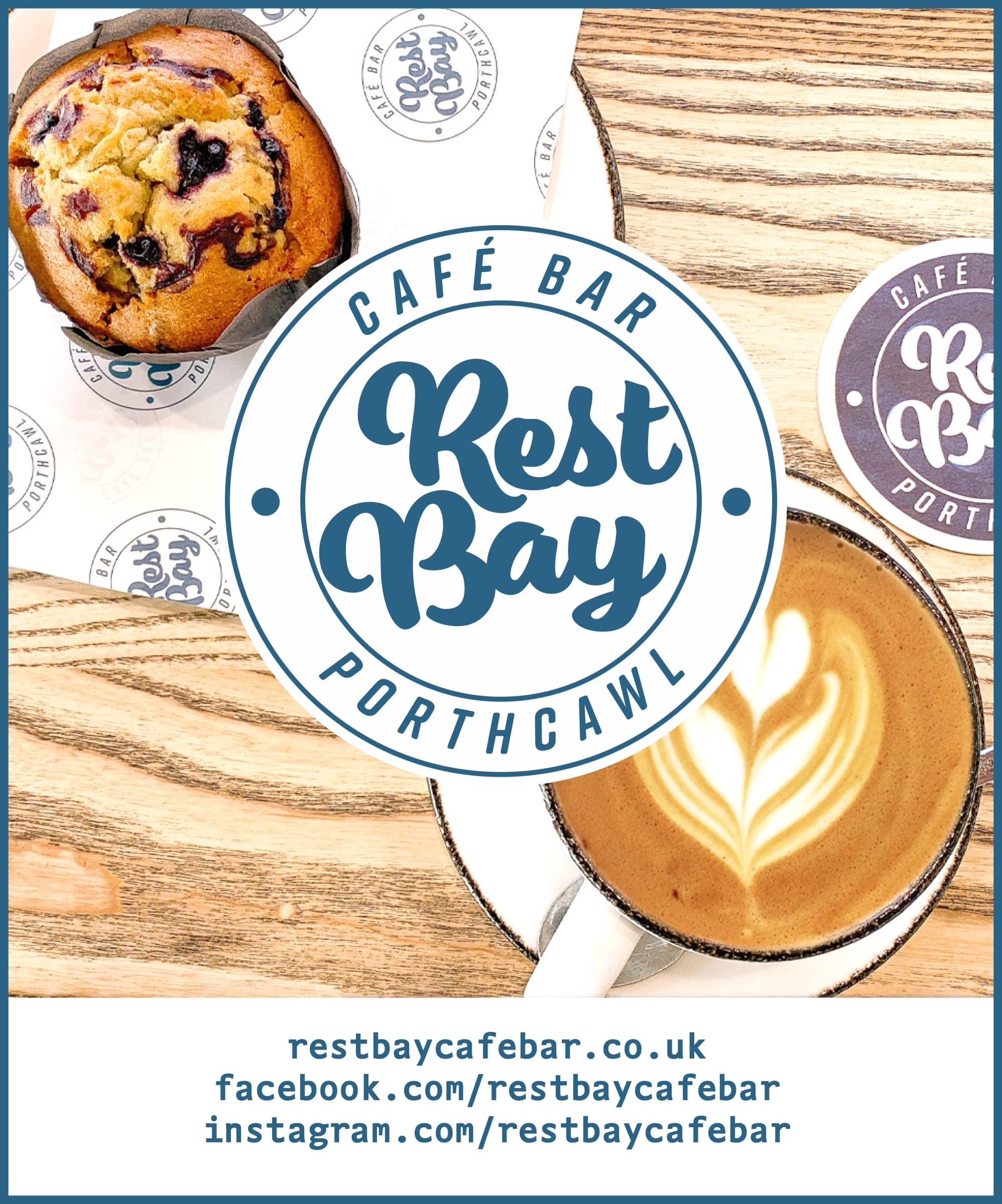 An advert in the local tide times booklet: the Rest Bay roundel over coffee and a muffin, with the web and social addresses.