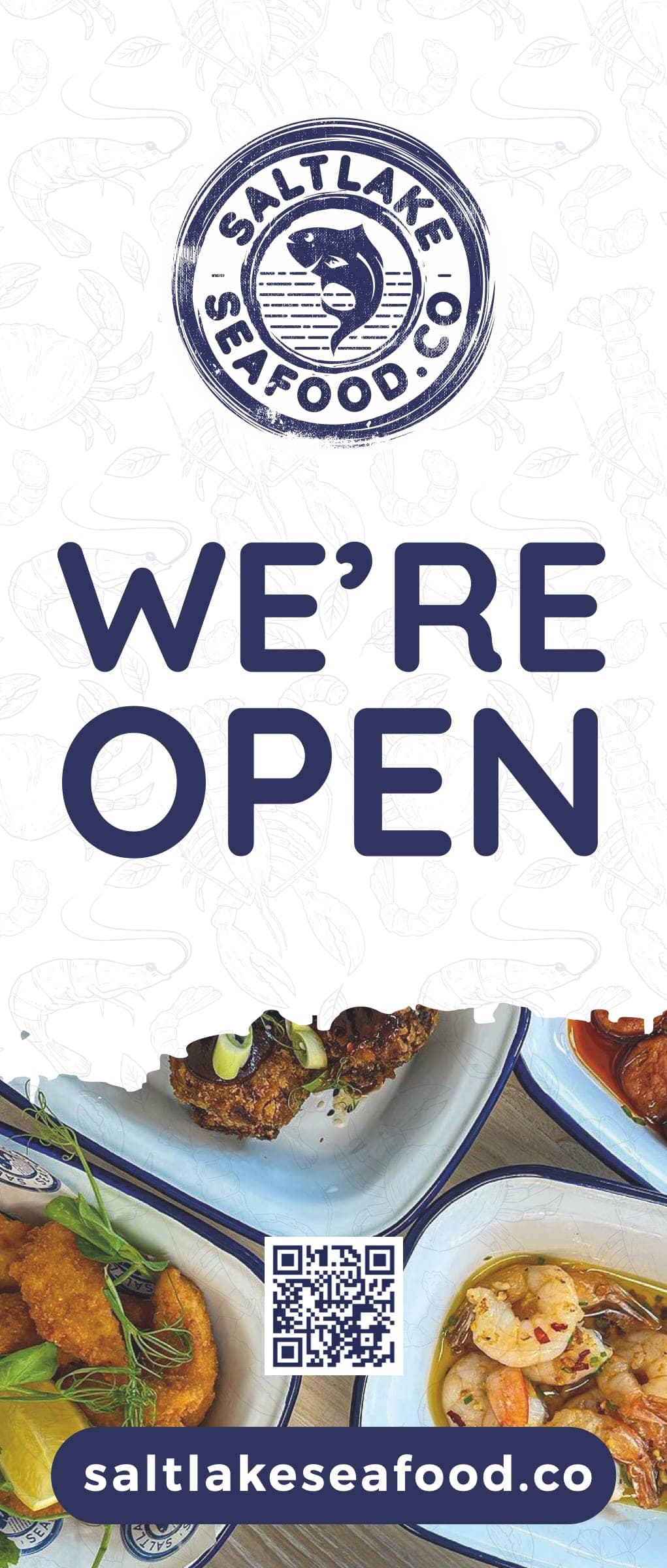 The We're Open A-frame with the stamp logo, food photos, a QR code and the web address.