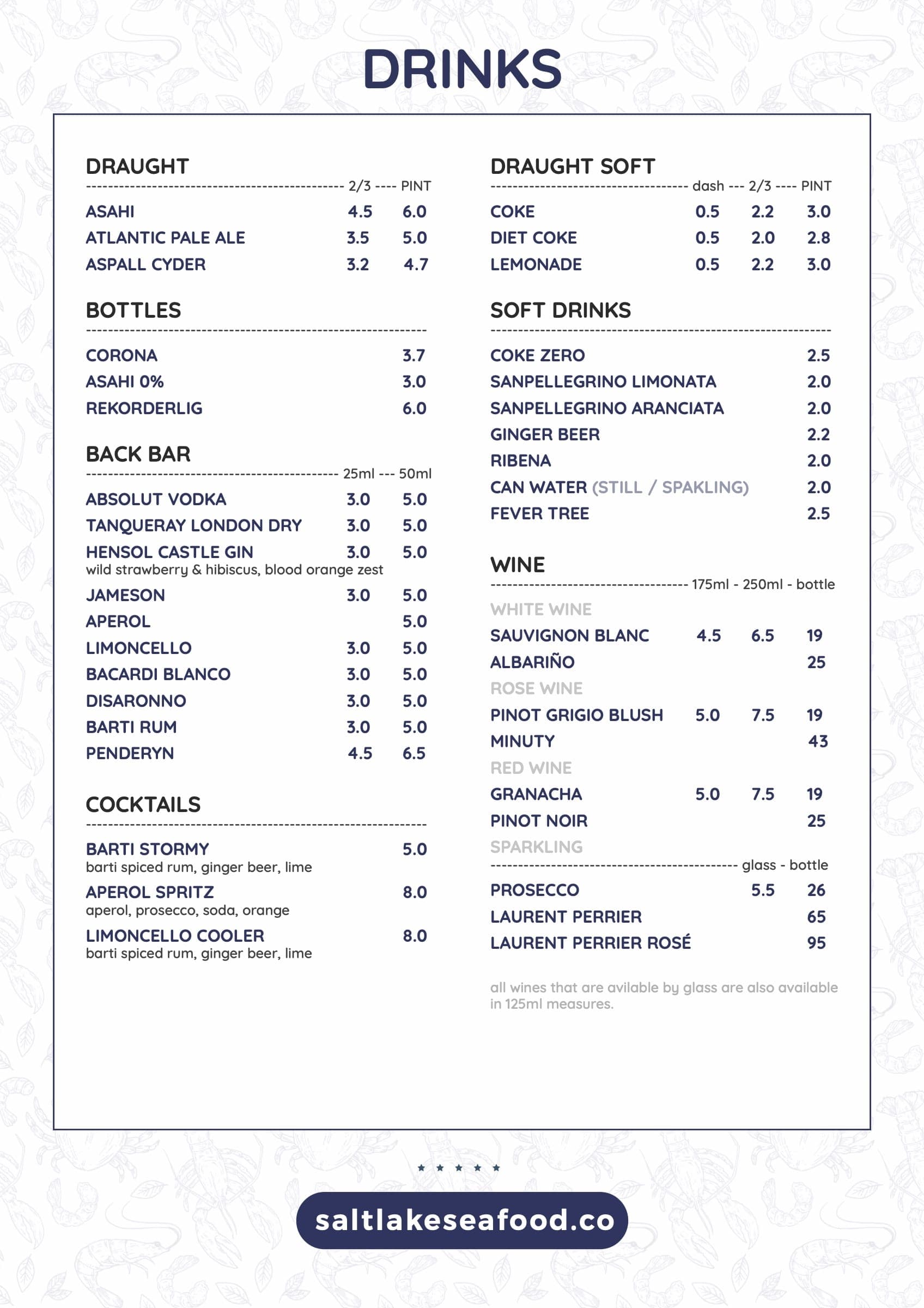 The drinks list: draught, bottles, back bar, soft drinks, wine and cocktails.