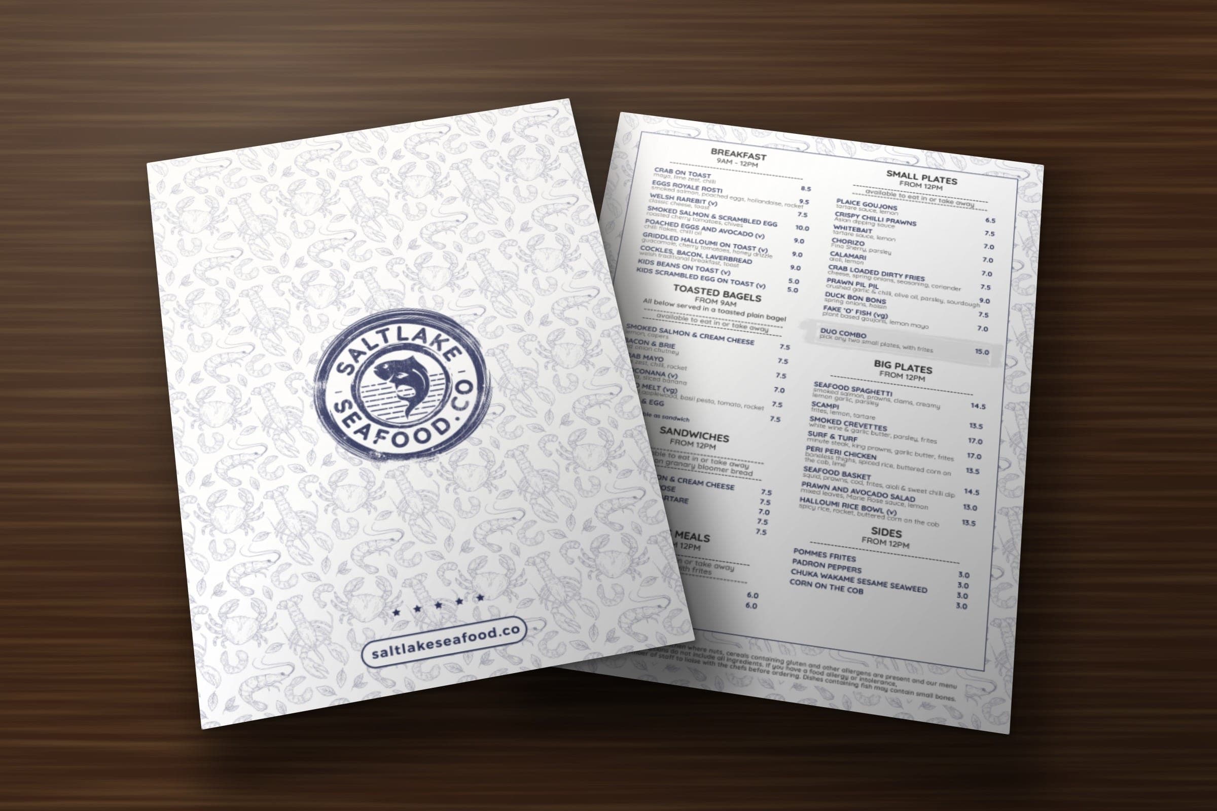 Mockup: the Saltlake menu, the patterned cover with the stamp logo and the inside with breakfast, small plates, big plates and sandwiches.