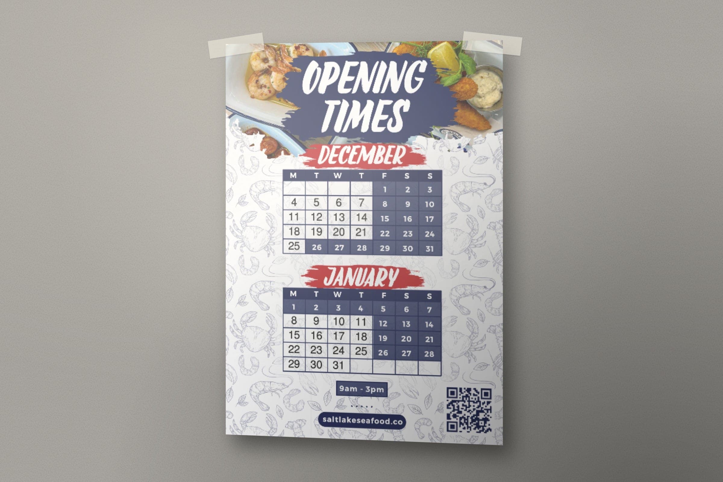 Mockup: the opening times poster with December and January calendars.