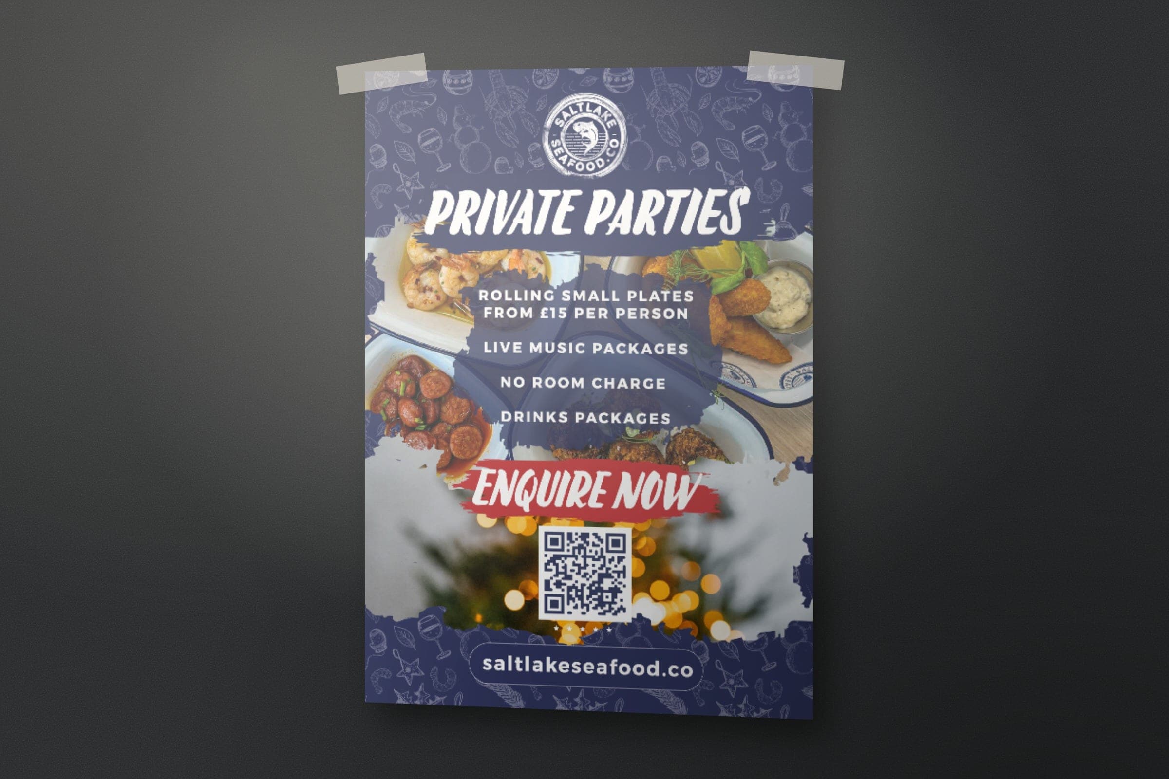 Mockup: the Private Parties poster: rolling small plates, live music and drinks packages, no room charge.