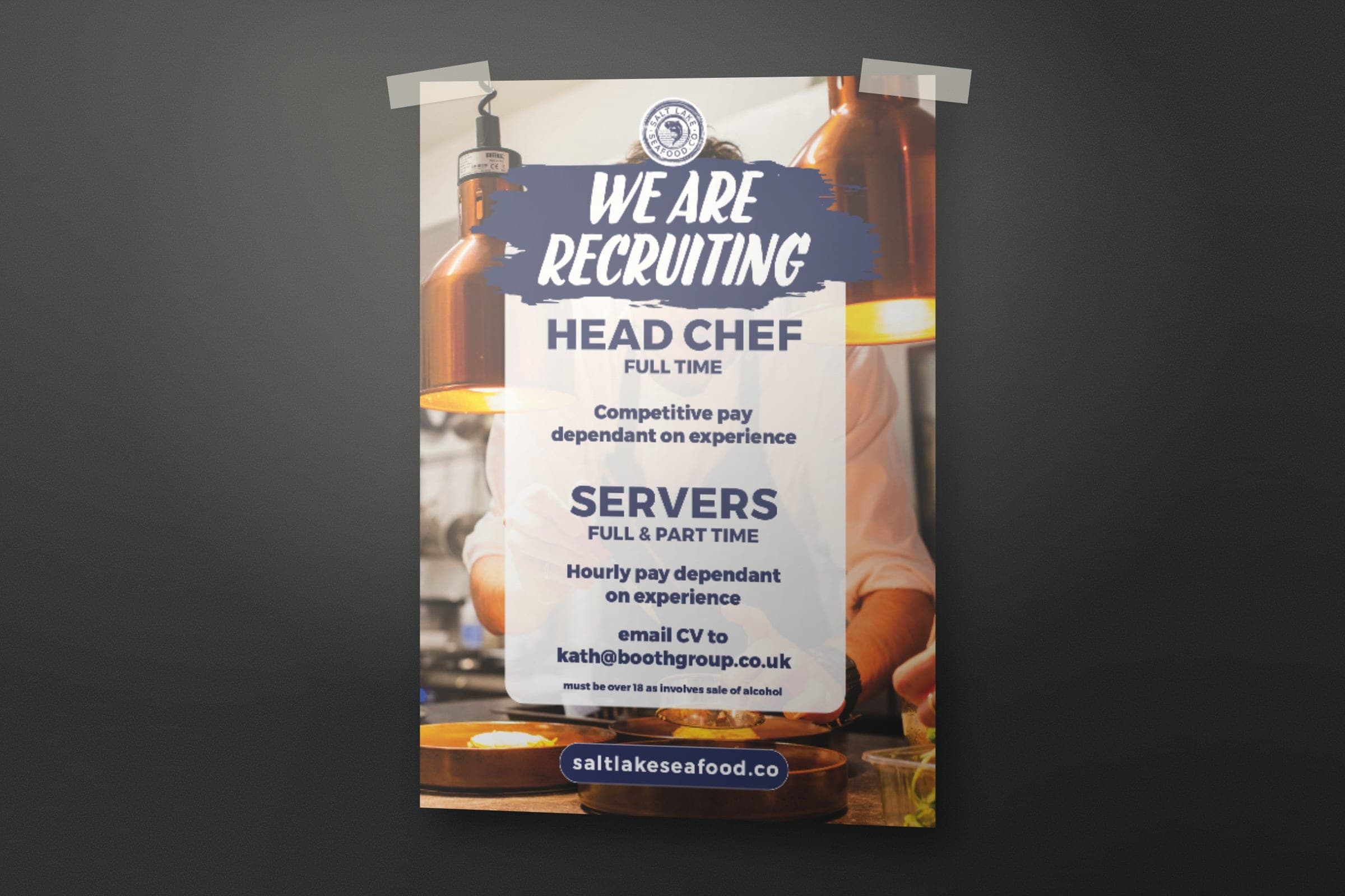 Mockup: the We Are Recruiting poster for a head chef and servers.